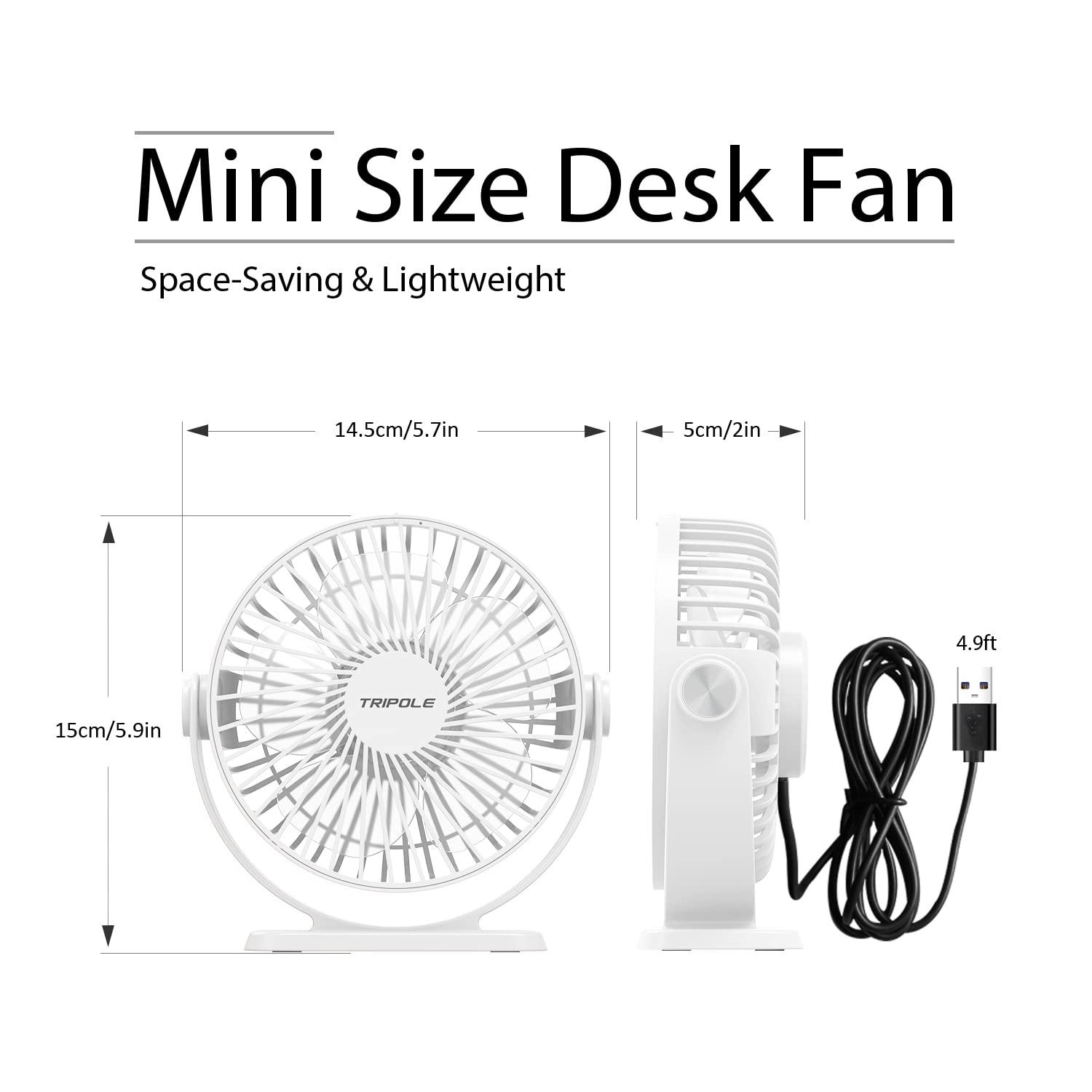 Tripole Small Desk Fan Usb Powered Personal Fan 3 Speeds Strong Airflow Mini Fan 360Rotation Portable Fan 5.1 Inch Table Fan For