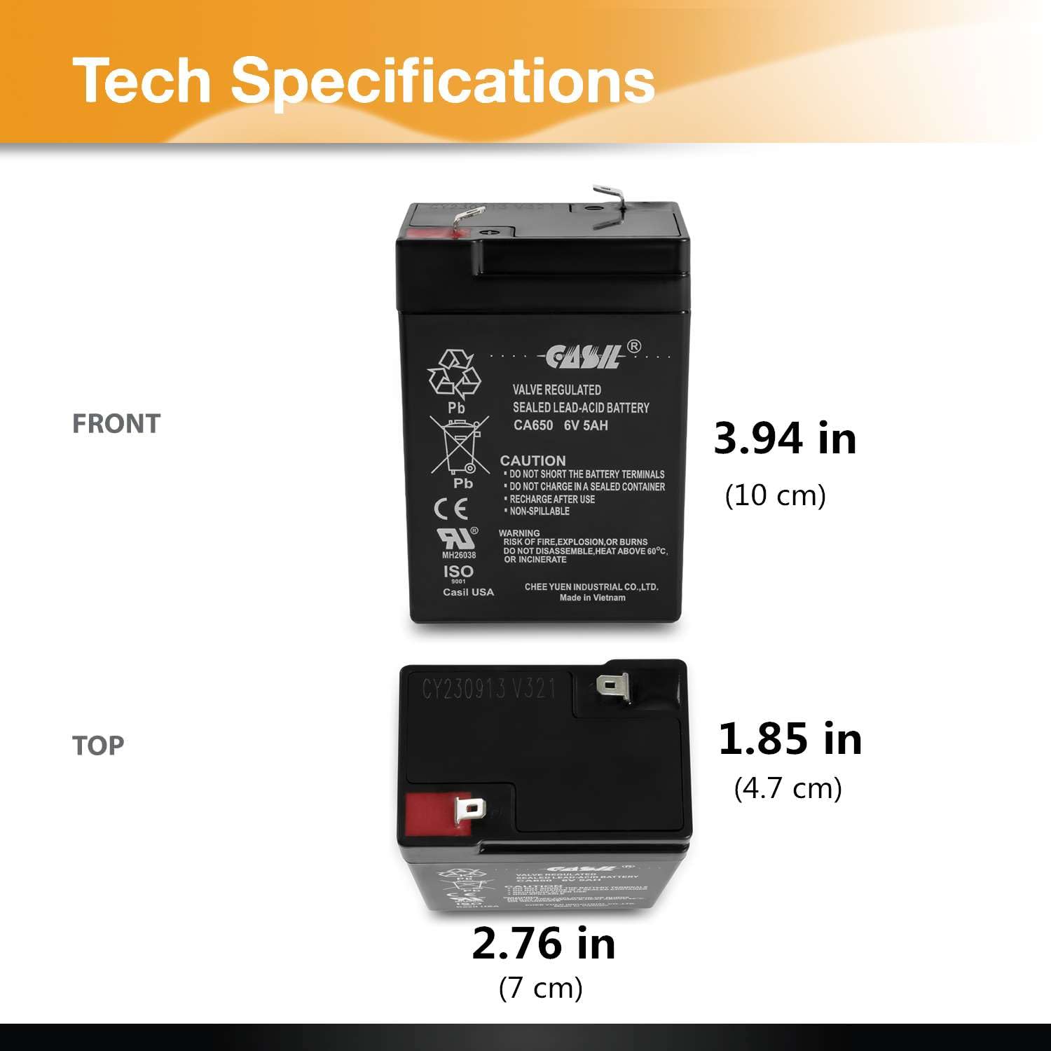 Casil 6V 5Ah Battery Agm Sla Rechargeable Battery Replaces 6V 4.5 Ah Rechargeable Battery, 6V Battery For Ride On Toys, Emergenc