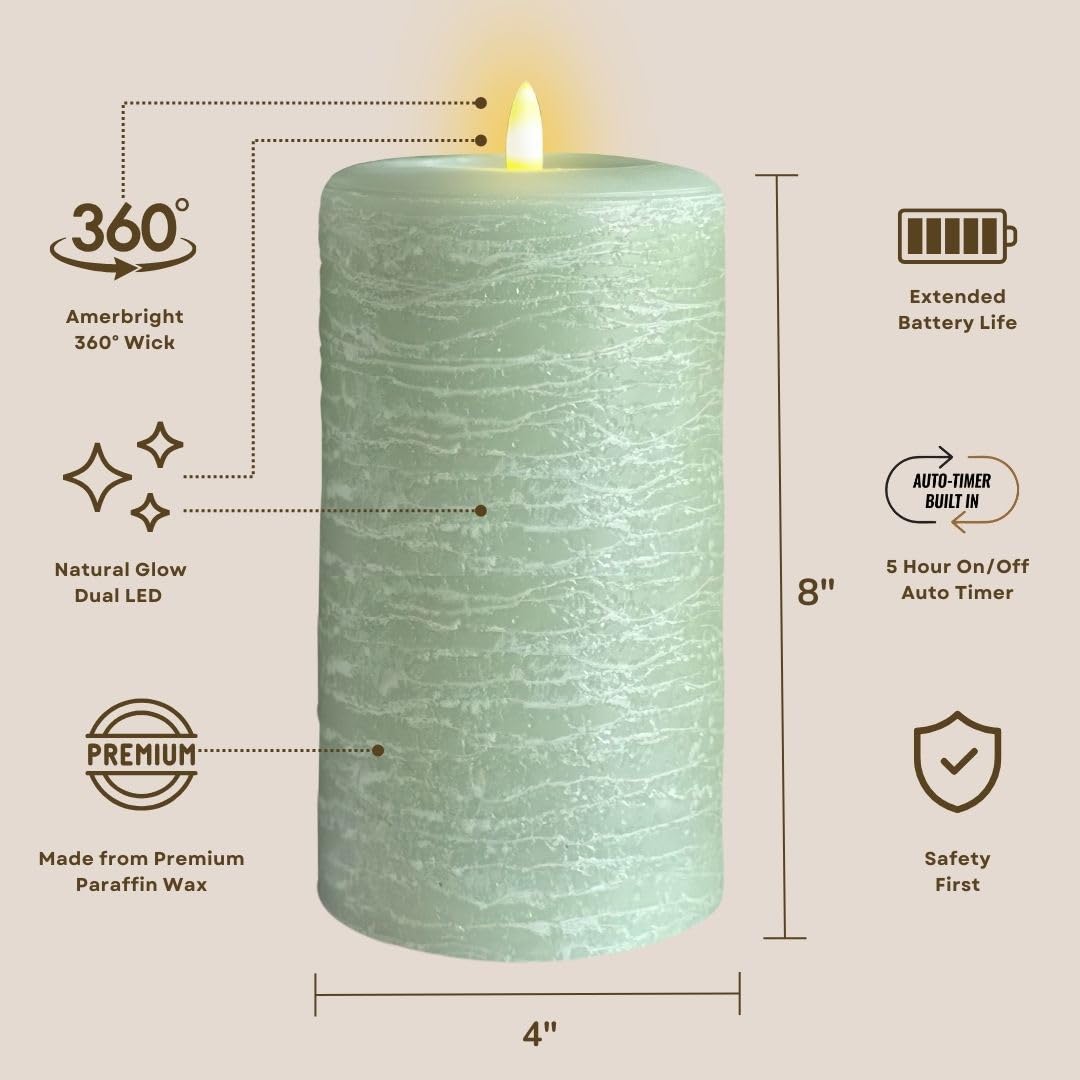 Lumipur Signature Natural Glow Flickering Flameless Led Wax Pillar Candle (4'' X 8'', Sage Green)