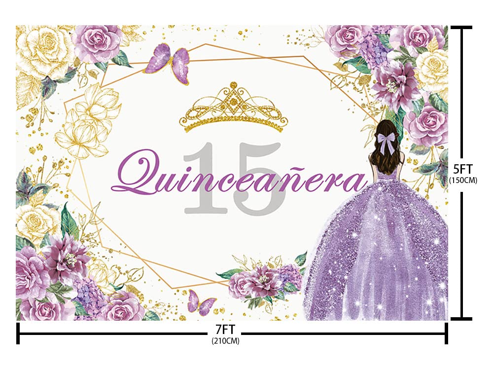 Sendy 7X5Ft Quinceanera 15Th Birthday Backdrop For Sweet Girl Mis Quince Anos 15Th Birthday Party Decorations Purple Gold Glitte