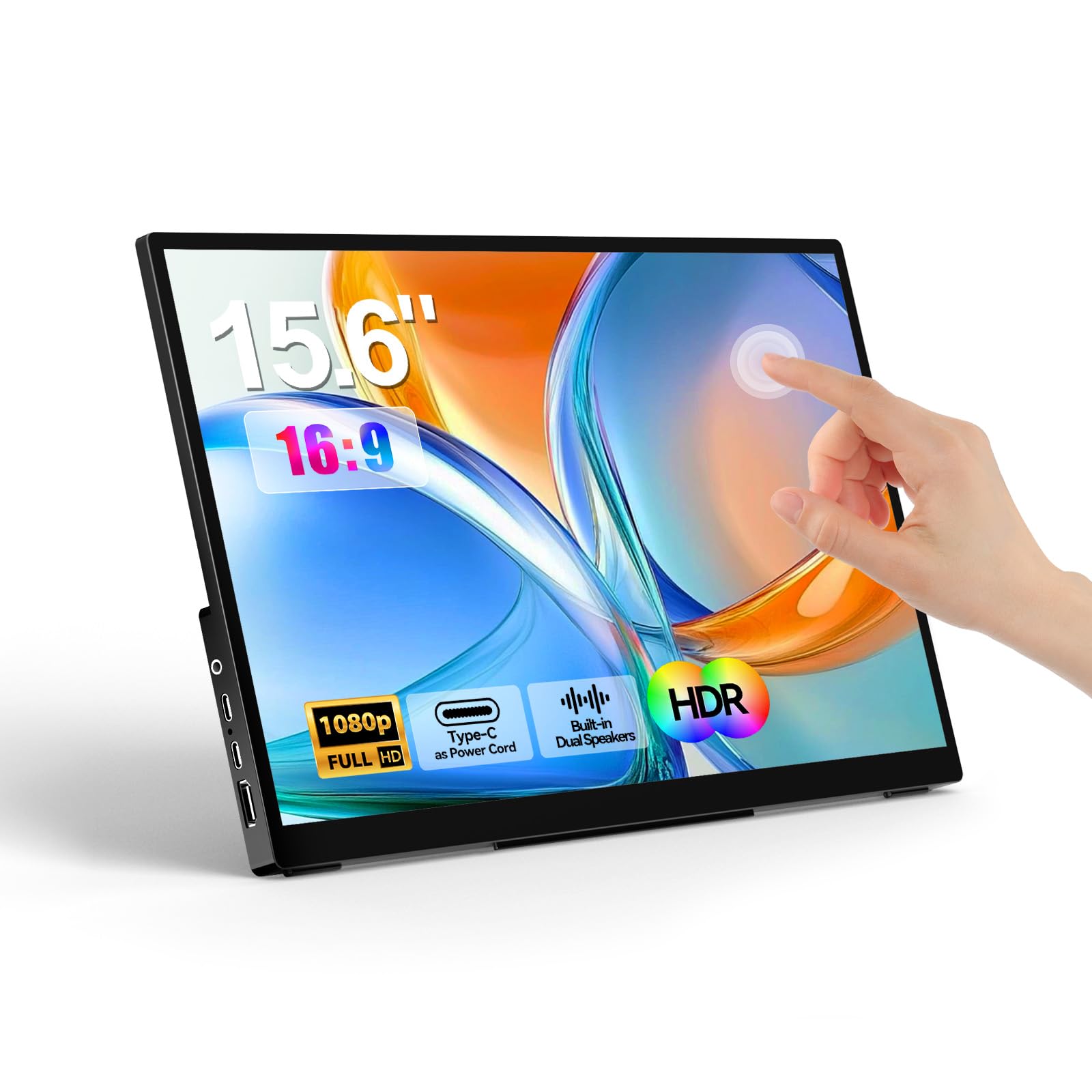 WCKUN Portable Monitor Touchscreen 15.6 1080P FHD IPS, 10-Point Touch Travel Gaming Display with Dual Speakers & Kickstand, USB-