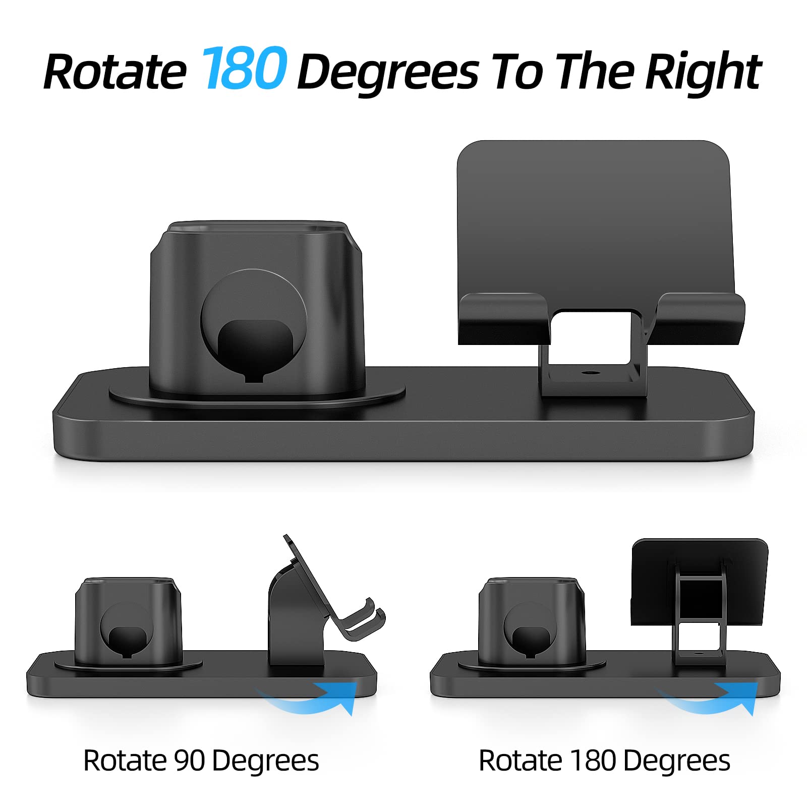 180Rotation Phone Charger Stand Holder,3In1 Charger Dock, Charging Stand For Apple Iwatch/Airpods/Ipad And Most Smartphones (Bla