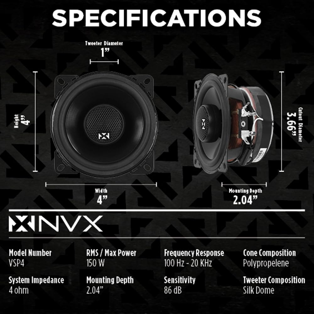 Nvx Vsp4 4'' Premium Car Speakers, 450W Max, 150W Rms, 2 Way Coaxial W/ 1'' Silk Dome Tweeters & Built In X Overs, Easy To Insta