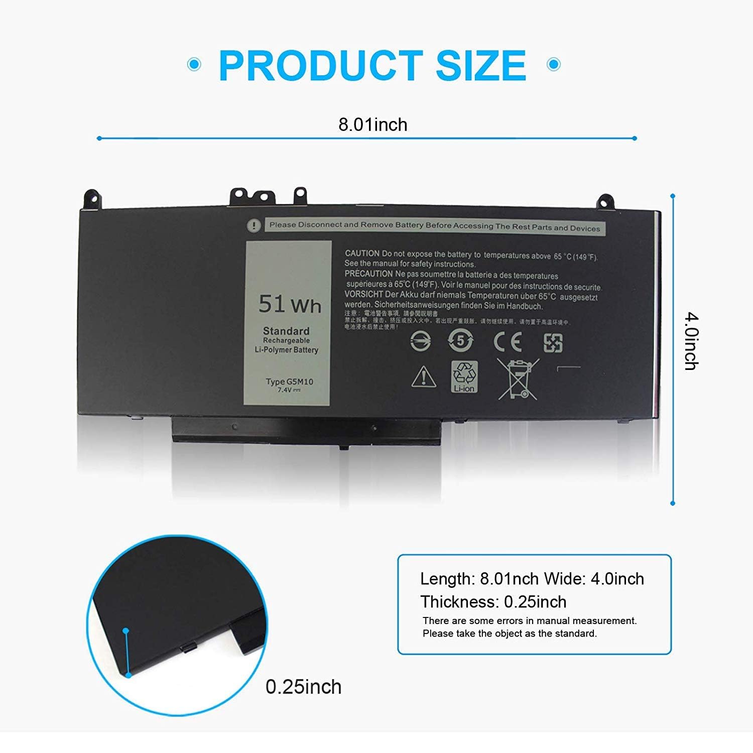 G5M10 E5550 E5450 E5250 Battery Compatible With Dell Latitude E5550 E5450 E5250 5550 5450 5250 3150 3160, 8V5Gx R9Xm9 1Ky05 08V5