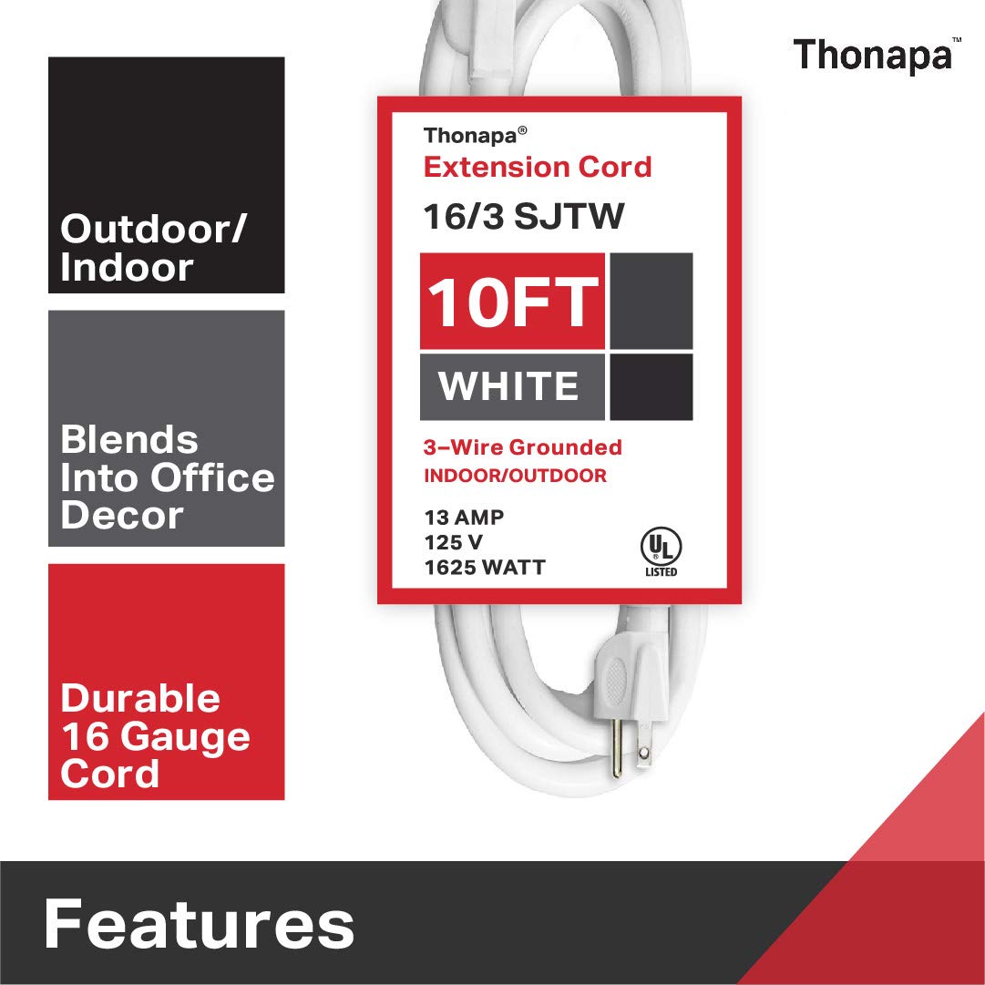 Thonapa 2 Pack White Extension Cord 10 Ft, 16/3 Sjtw Weatherproof Indoor & Outdoor Extension Cord 3 Prong Grounded Plug, Heavy D