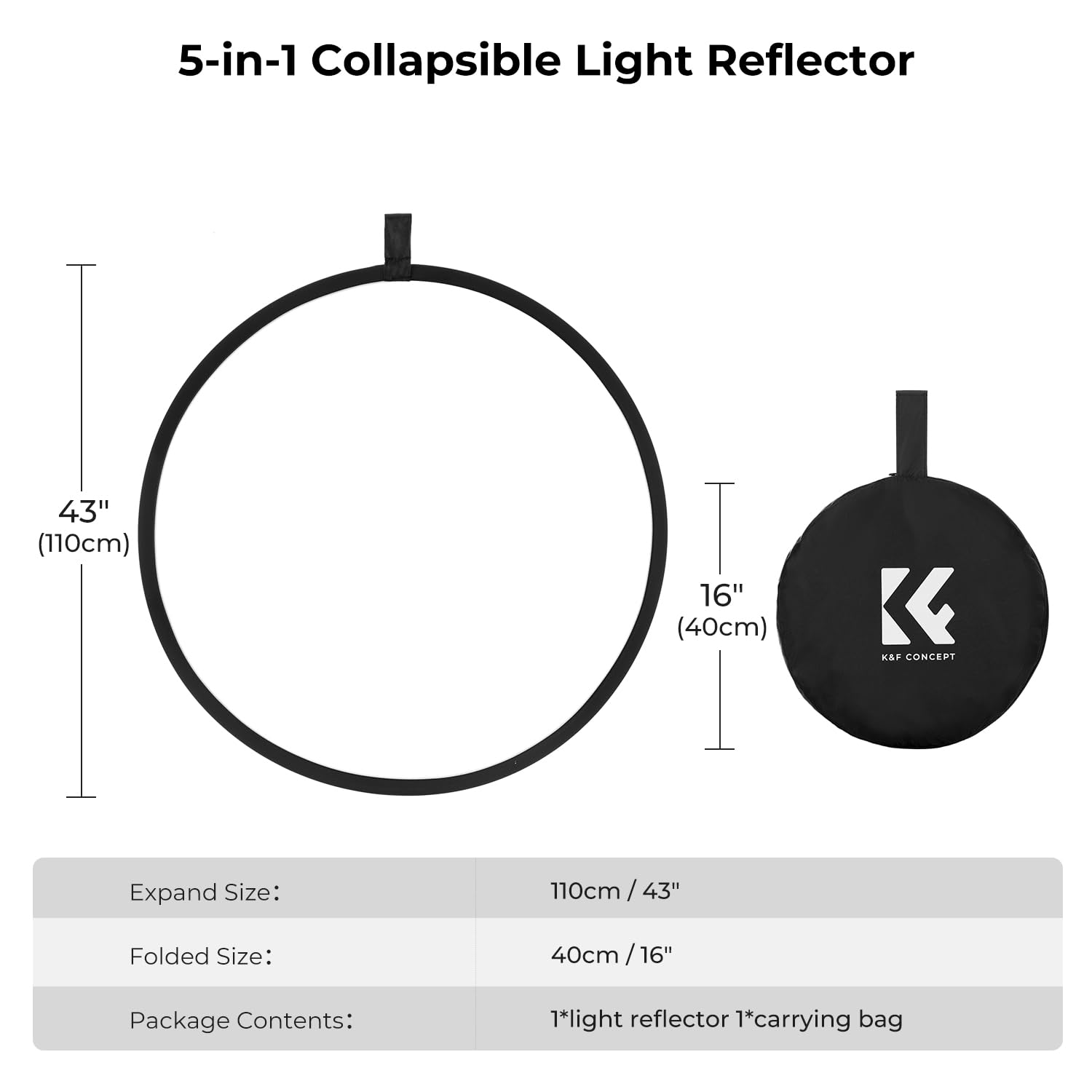 K&F Concept 5 In 1 Light Reflector 43''(110Cm) Photography Diffuser Collapsible Portable For Studio And Outdoor Lighting Gold Si