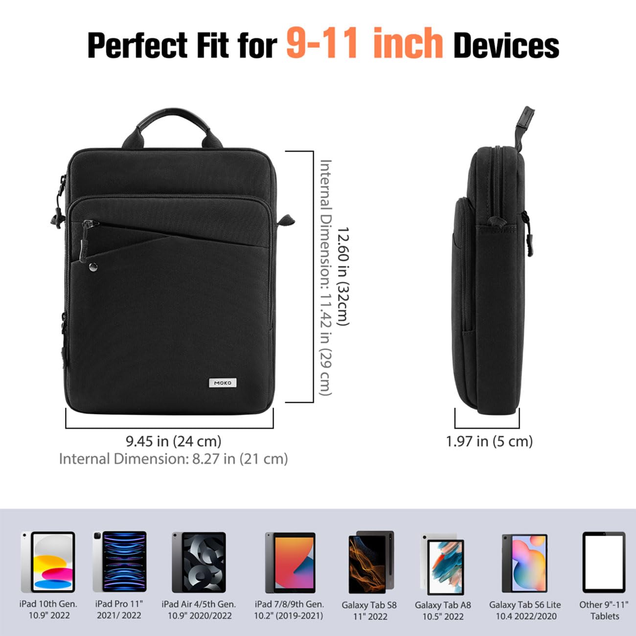 MoKo 9 11 Inch iPad Sleeve Tablet Bag iPad Carrying Case, 360� Protective iPad Travel Case with Shoulder Strap, Fits New iPad Air/Pro 11 inch 2024, iPad 10th/Air 5/4th 10.9, iPad 9/8th 10.2, Black