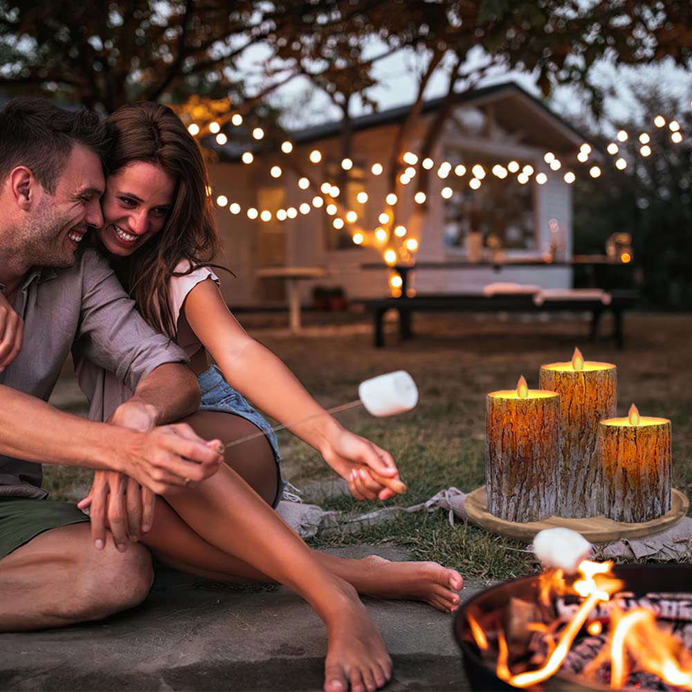 Mivitoom Pine Bark Led Flameless Pillar Candles Battery Operated With Flickering Warm Yellow Light Moving Wicks, Pack Of 3 (D 3