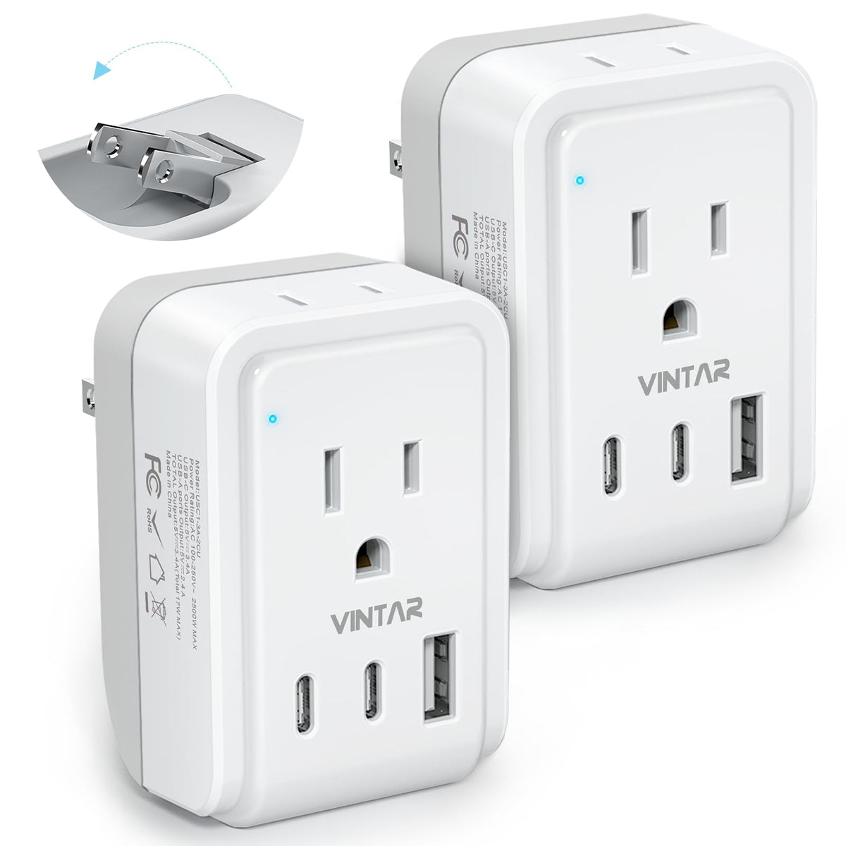 2 Pack Us To Japan Plug Adapter, Vintar Foldable Japan Travel Adapter With 2 Outlets And 3 Usb Ports(2 Usb C), 2 Prong To 3 Pron