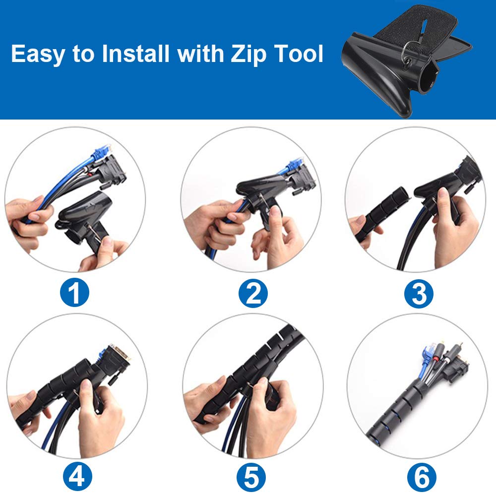 10Ft Cable Management Sleeve Ez Cord Bundler 1'' Diameter W/Zip Clip Zipper Wire Wrap Cord Organizer Cable Tube Hider Flexible &