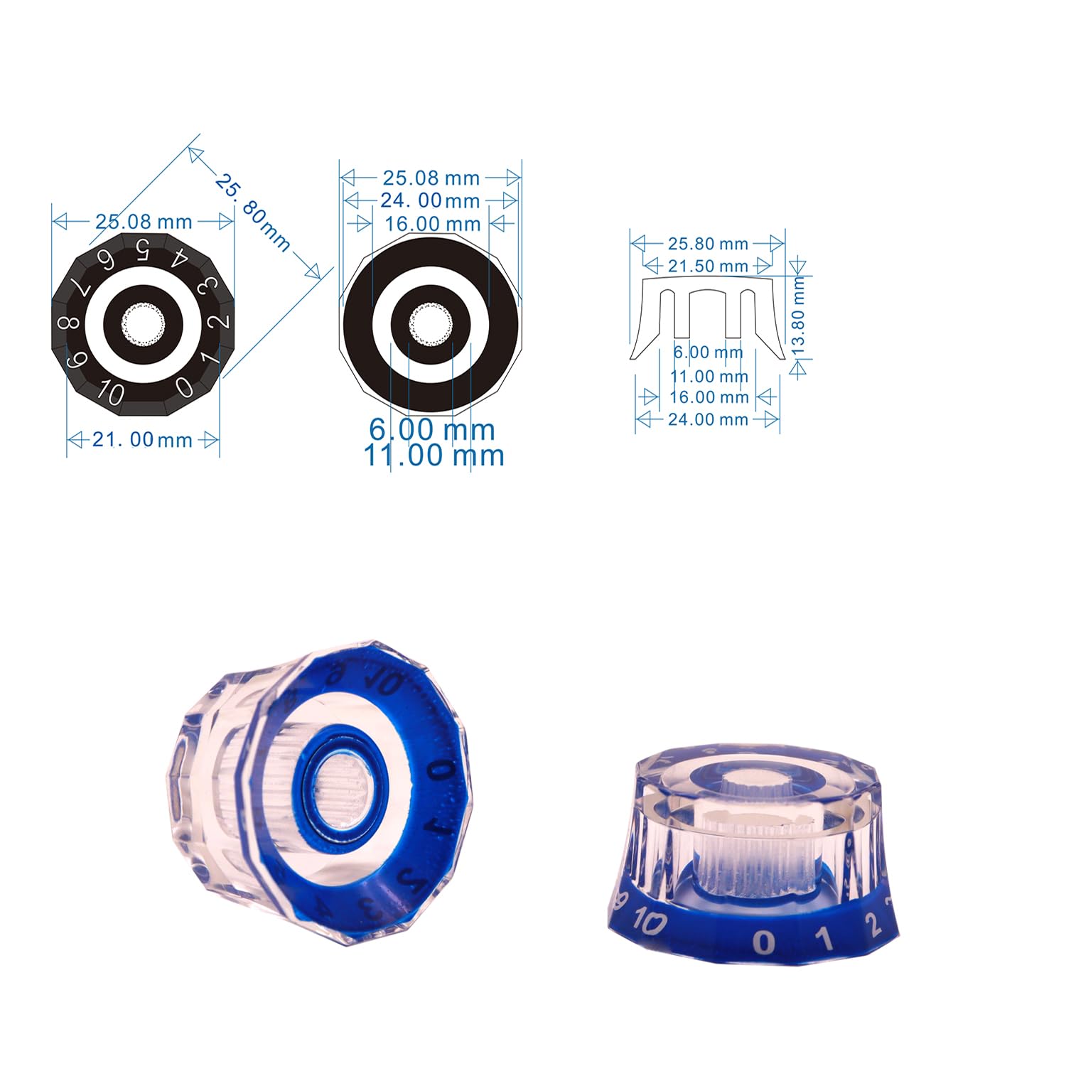 4Pcs Dodecagon Design Transparent Electric Guitar Knobs Clear Blue Speed Volume Tone Control Knob For Prs/Lp/Sg/Les Paul Guitar