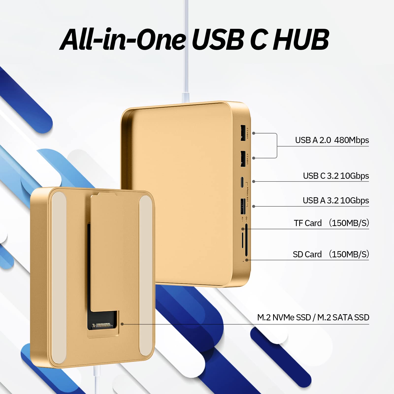 minisopuru USB C Hub for iMac 24 inch 2021/2023/2024 M1/M3/M4 M.2 NVMe SSD 10Gbps Aluminum Yellow DS-802-Y