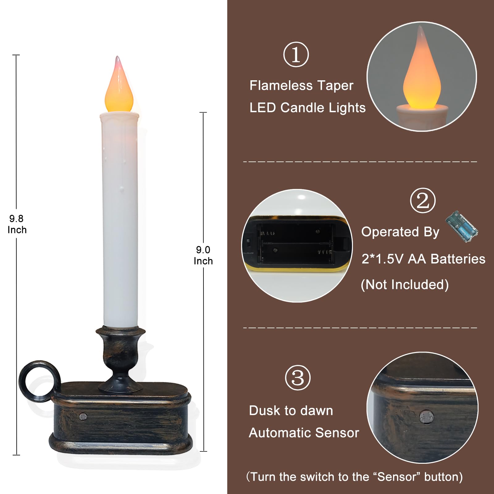 Sunsgne Pack Of 4 Battery Operated Window Candles, 9'' Cordless Window Candles With Sensor Dusk To Dawn, Christmas Window Candle