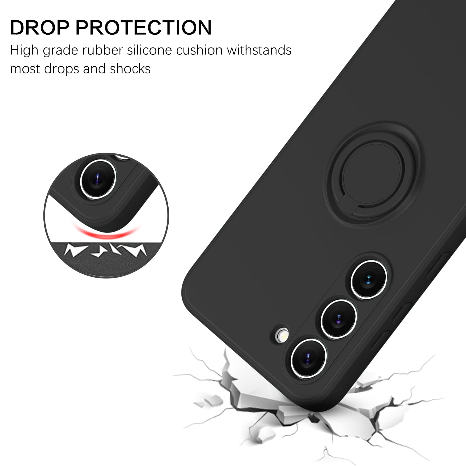 Telaso For Samsung Galaxy S23 Case, Slim Silicone | 360 Ring Holder Kickstand | Support Car Mount | Soft Gel Rubber Hybrid Bumpe