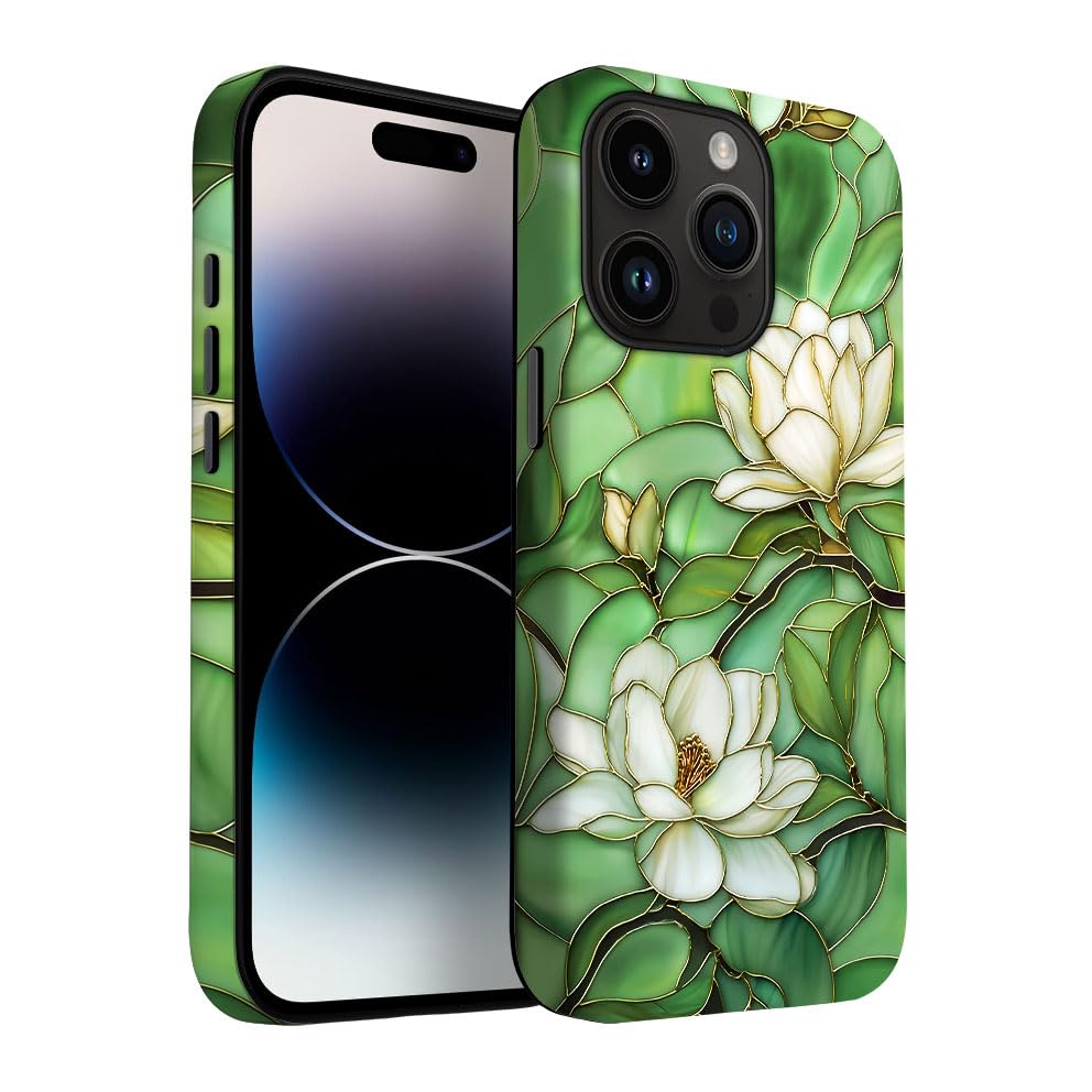 Yuzbira for iPhone 14 Pro Max Case | Stained Glass Flowers Magnolia | Slim Drop Protection Design