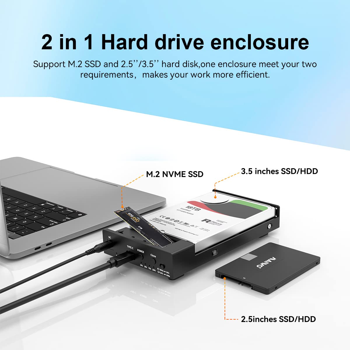 Maiwo M.2 Nvme+2.5 3.5 Inch Sata Ssd/Hdd Offline Clone Enclosure, Nvme Cloner Dock With Uasp Max 10Gbps,22Tb Capacity Expansion,Automatically Sleep