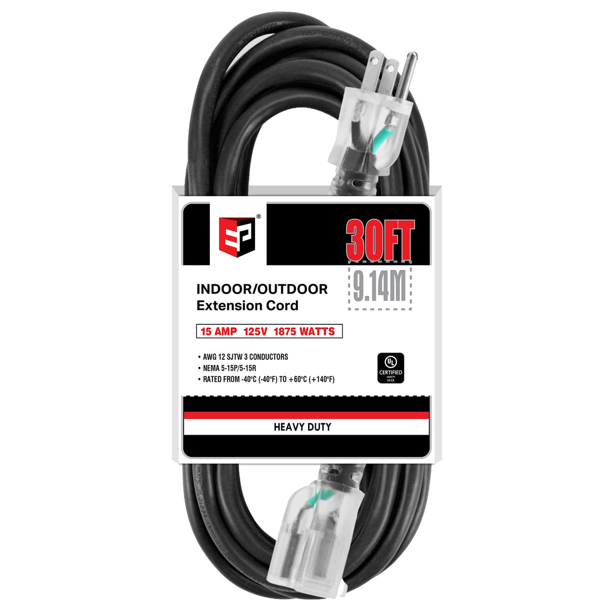 Ep 30 Ft Outdoor Extension Cord   12/3 Sjtw Heavy Duty Black Extension Cable With 3 Prong Grounded Plug   Power Cord For Lawn, G