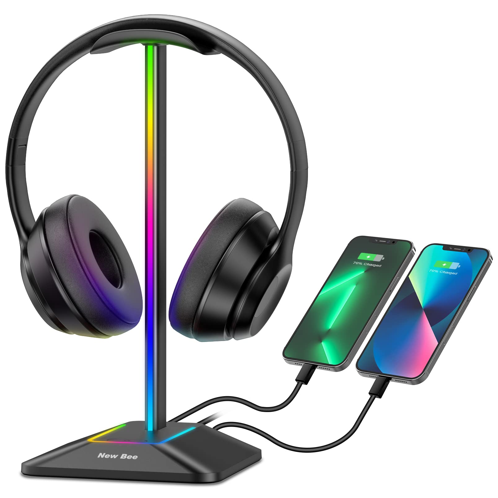 New bee RGB Headphone Stand with 1 USB-C Charging Port and 1 USB Charging Port, Desk Gaming Headset Stand with 7 Light Modes for