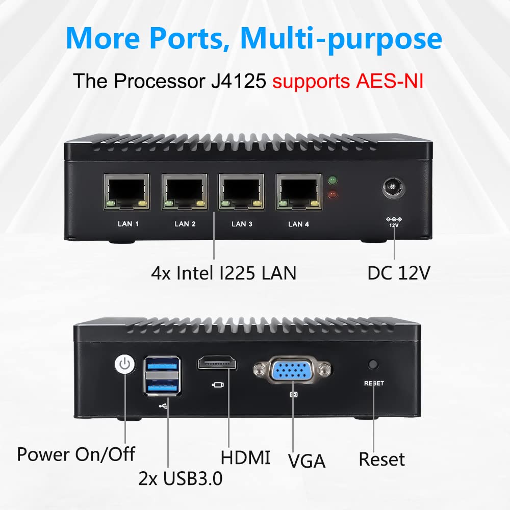 Vnopn Micro Firewall Appliance Intel 2.5Gbe I225 Lan J4125 Quad Core, 4 Ports Fanless Mini Pc Mini Computer 4Gb Ddr4, 64Gb Msata