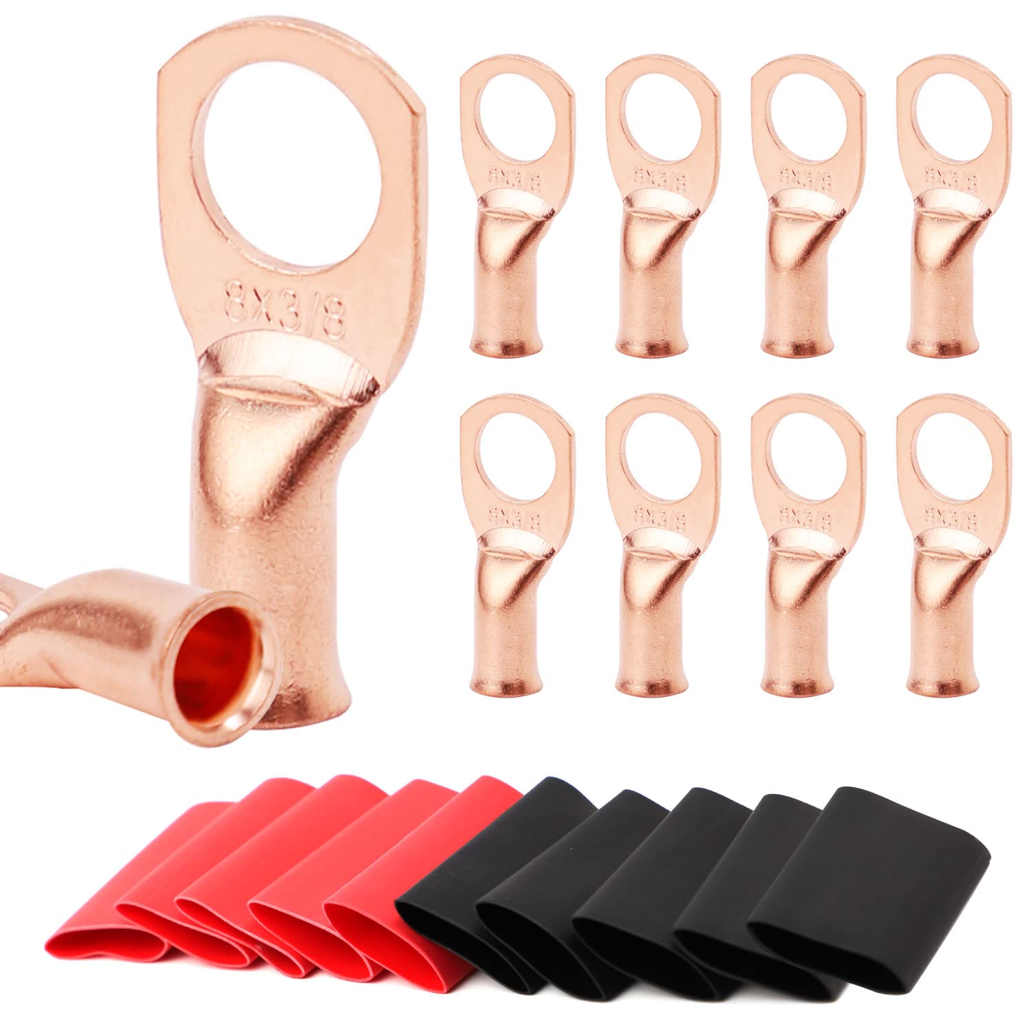 10Pcs 8Awg 3/8''Ring Copper Battery Lugs Wire Lugs,Heavy Duty Battery Cable Ends,Awg Crimp Wire Ring Lugs,Terminal Connectors Wi