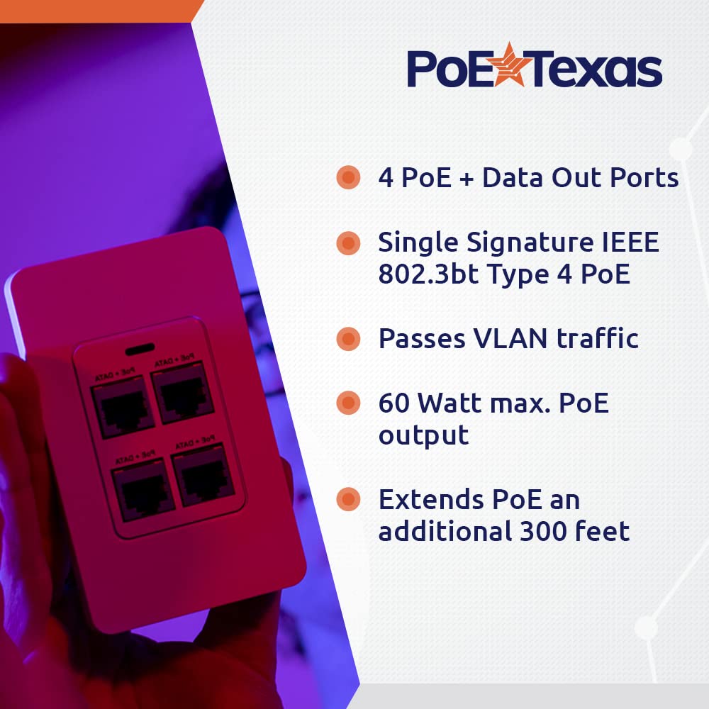 Poe Texas 4 Port Inwall Gigabit Poe Extender   Power Over Ethernet In Wall Switch Plate With Ieee 802.3Bt Uplink & Full Passthro