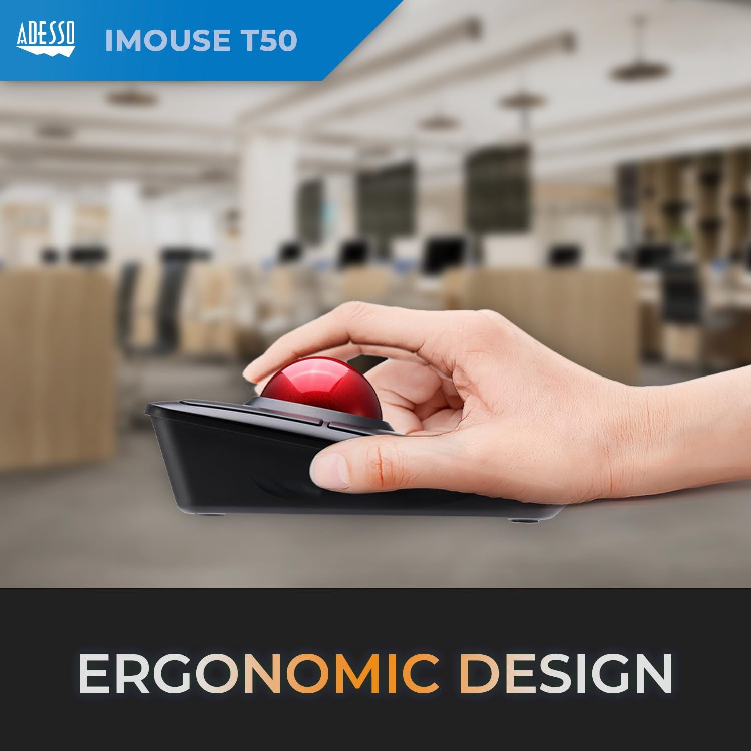 Adesso Imouse T50 Wireless Ergonomic Finger Trackball Mouse With Nano Usb Receiver, Programmable 7 Button Design, And 5 Level Dp