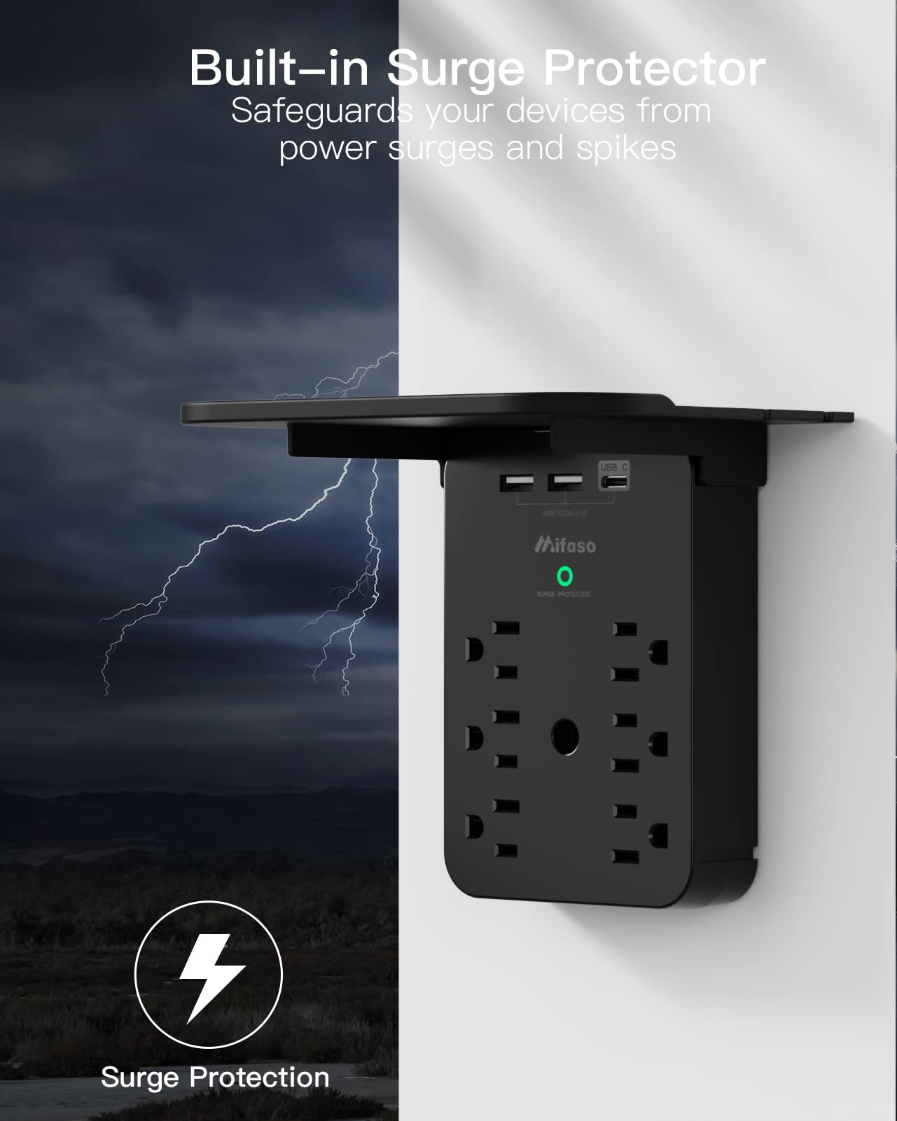 Wall Outlet Extender   Surge Protector 6 Ac Outlets Multi Plug Outlet With Shelf, 2 Usb And Usb C Charging Ports Wall Plug Expander, Usb Wall Charger Outlet Splitter For Home (Black)