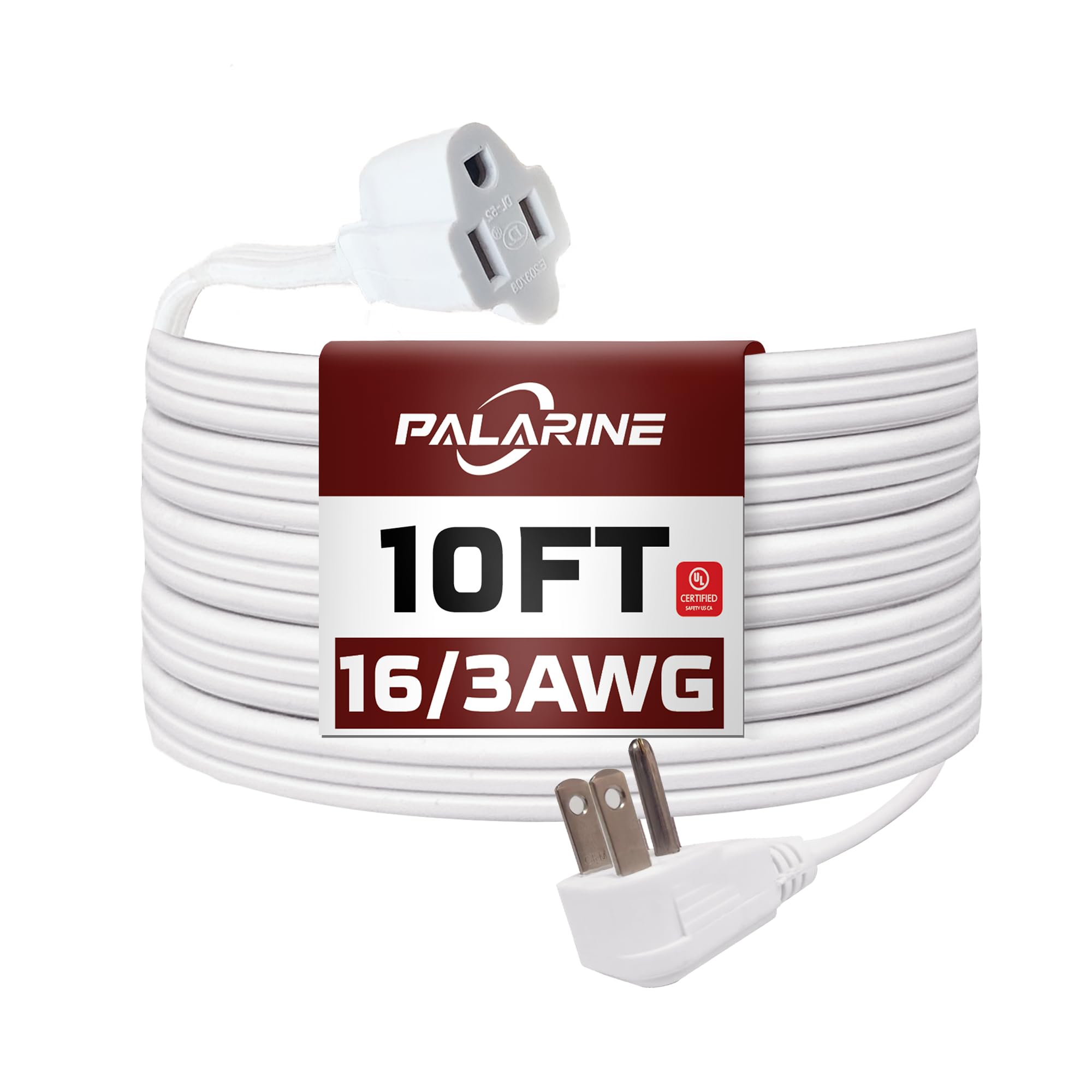 Palarine White Flat Plug Extension Cord 10 Ft, Indoor Extension Cord, 16/3 Spt 3 13A 3 Prong Power Cord For Kitchens, Behind Fur