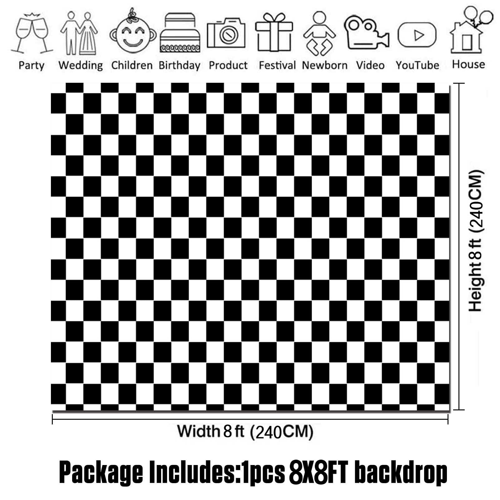 8X8Ft Fabric Black And White Racing Checker Texture Grid Birthday Chess Board Theme Photography Backdrops Children Kids Birthday