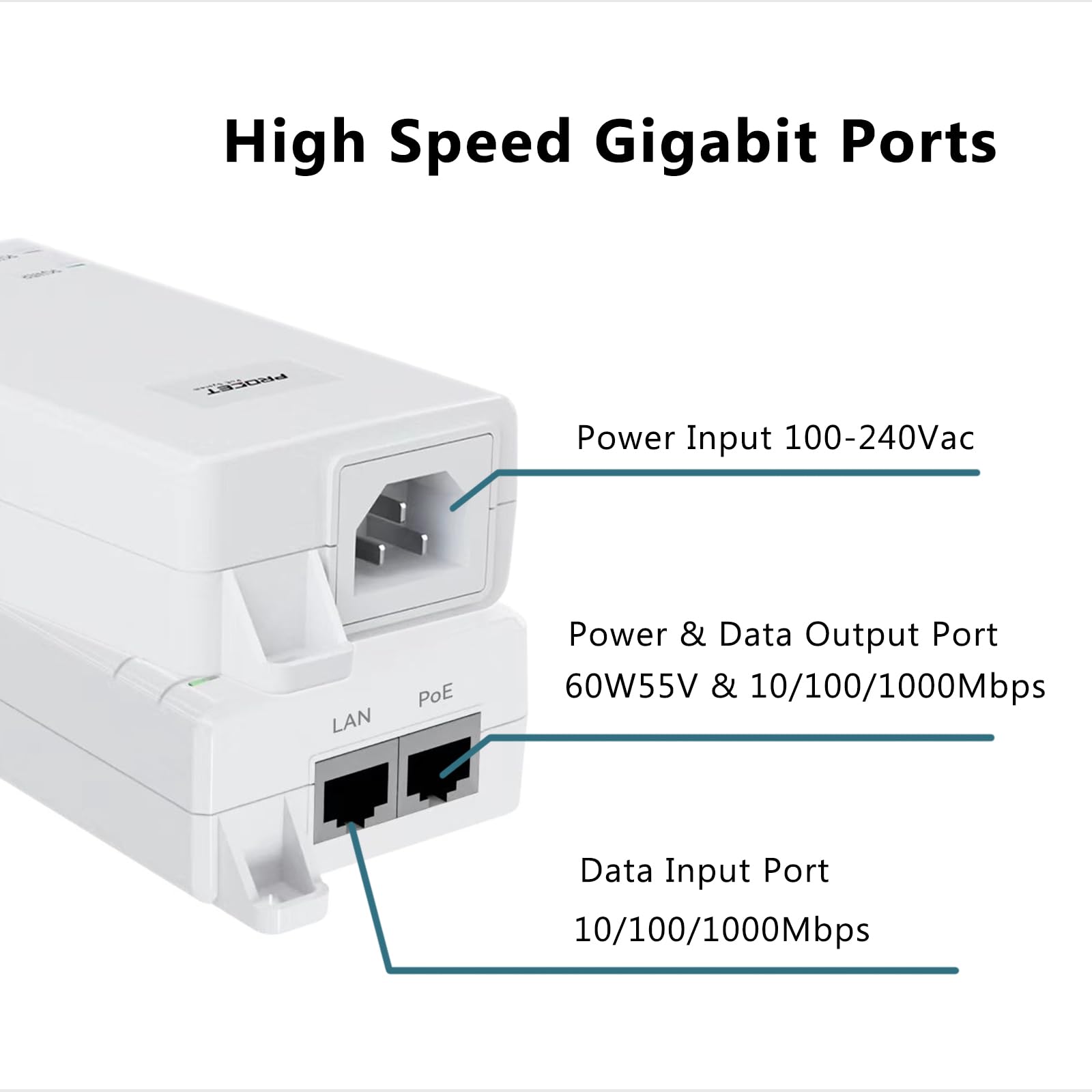 Gigabit Poe++ Injector 60W Ieee802.3Bt/At/Af Compliant, Supplies Poe(15.4W) Or Poe+(30W) Or Poe++(60W) Power Over Ethernet Dista