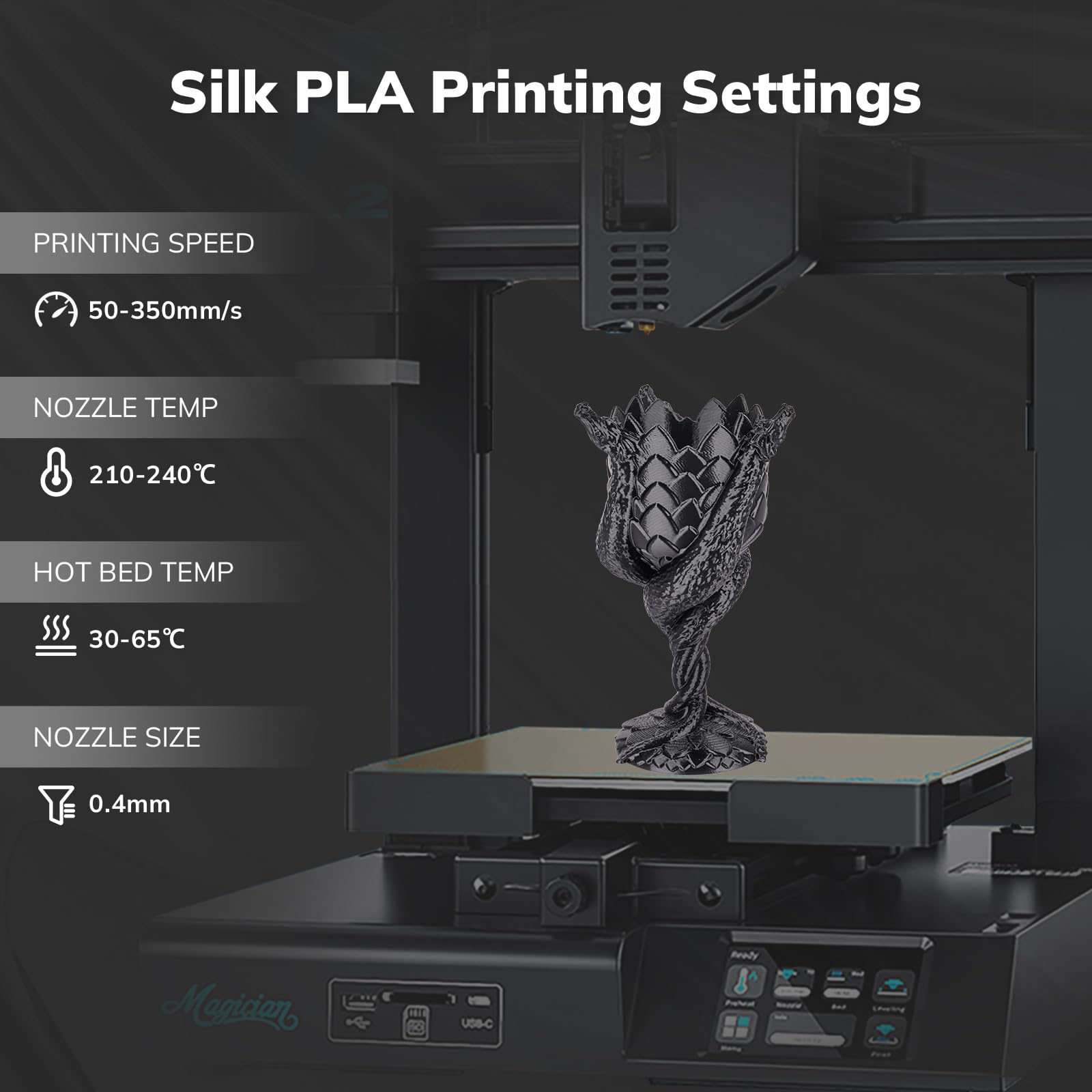 Amolen Silk Pla 3D Printer Filament, Shiny Silk Black Pla Filament 1.75Mm, 3D Printing Pla Filament For Most 3D Printer, 1Kg Spo