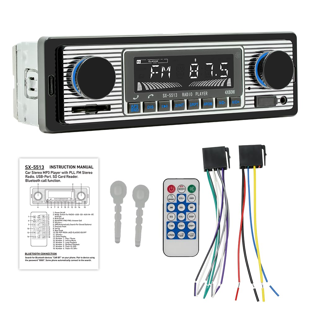 Classic 7 Single Din Car Radio,Bluetooth Car Stereo, FM Radio,Car Audio Receiver, Voice Control,Hands-Free Calling, Built-in Mic