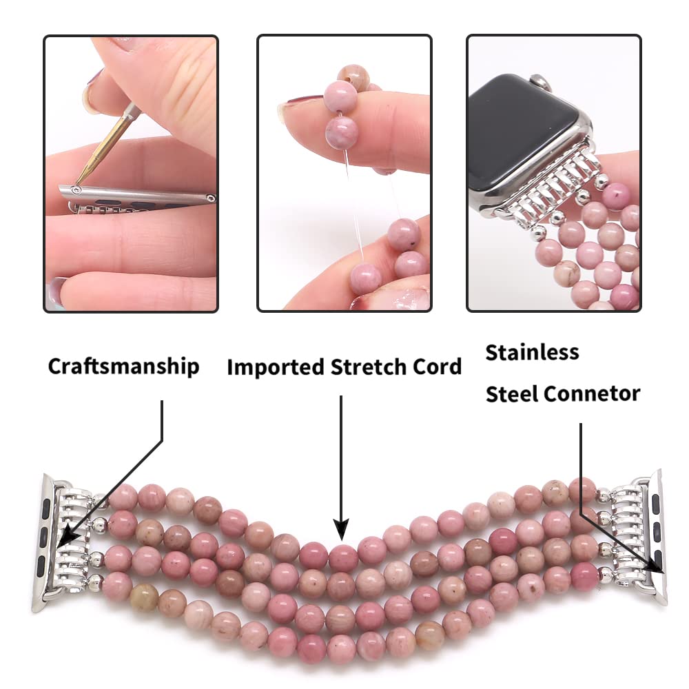 Kai Top Beaded Bracelet Compatible With Apple Watch Band 38Mm/40Mm/41Mm For Women Girls, Natural Pink Rhodonite Beaded Elastic B