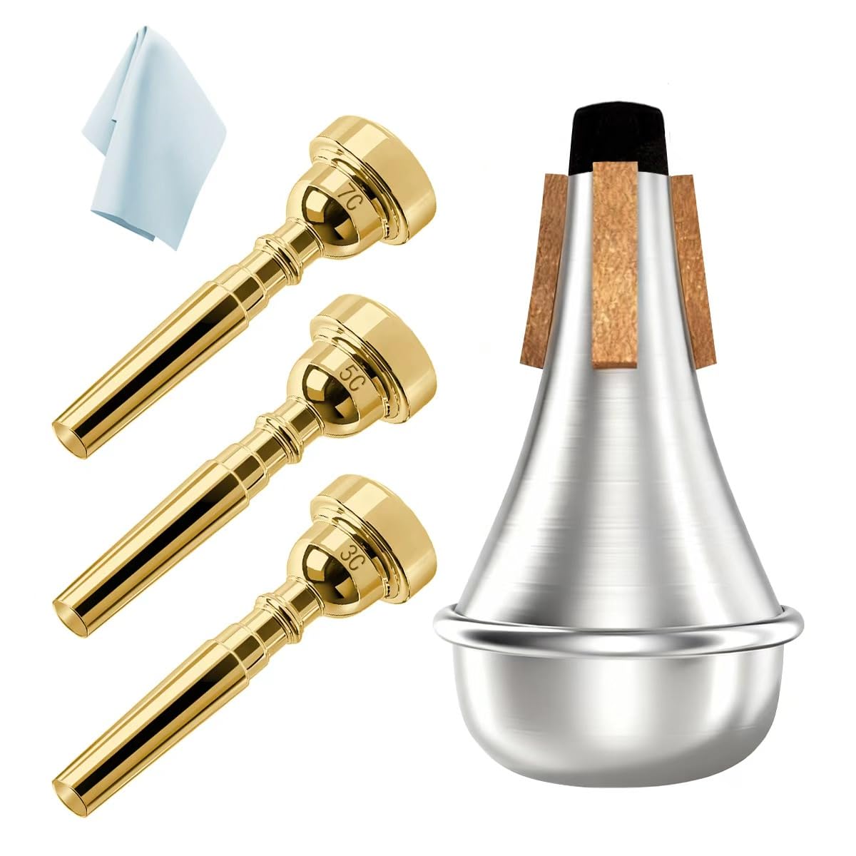 3 Pack Trumpet Mouthpiece (3C 5C 7C) With Lightweight Aluminum Practice Trumpet Mute Silencer Fit For Yamaha Bach Conn King Repl