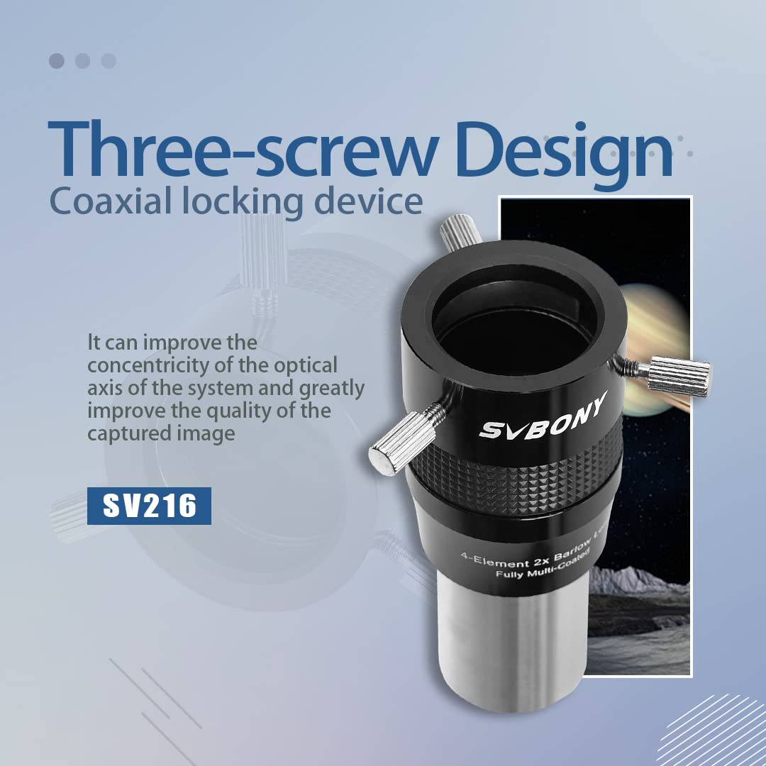 Svbony Sv216 2X Barlow Lens, 1.25Inch Fmc 4-Elements Apo Apochromatic Barlow, Double Magnification Telescope Accessories For Pla
