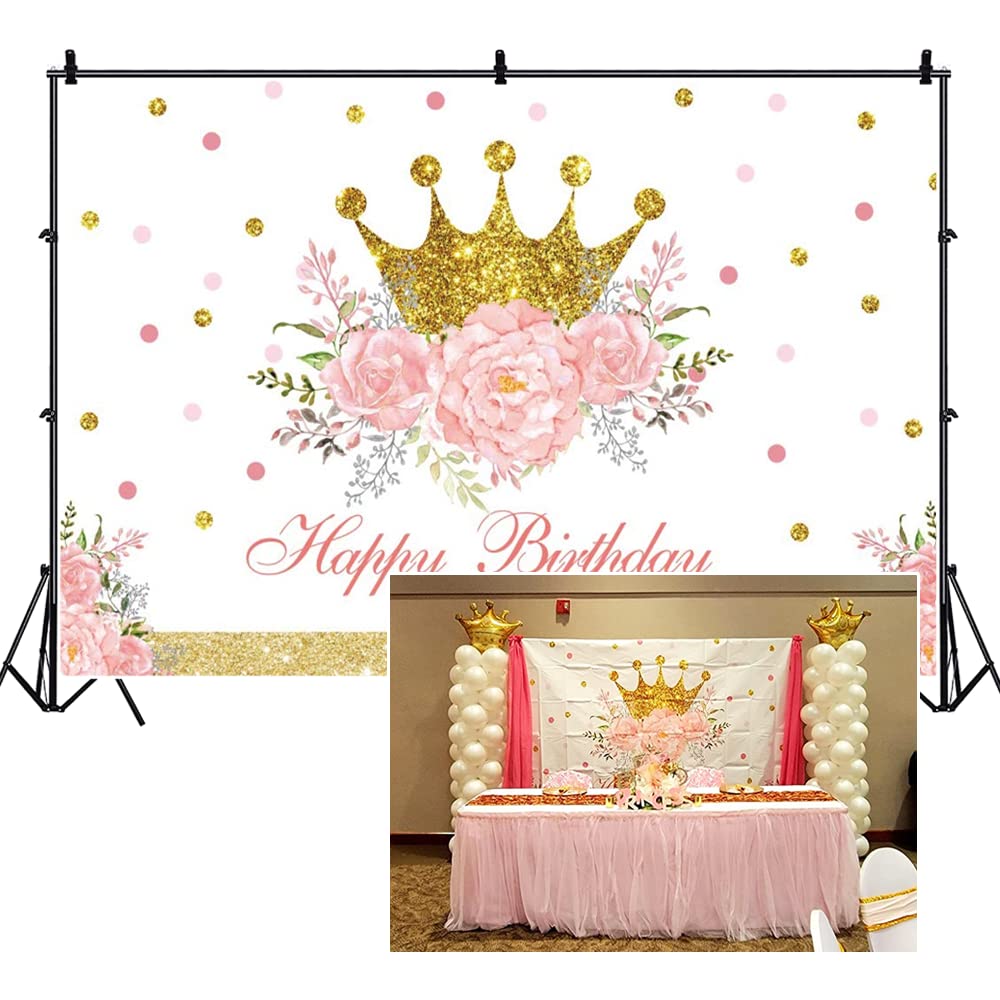 Dorcev 7X5Ft Happy Birthday Backdrop For Luxury Princess Girls Birthday Party Background Shiny Glitter Gold Princess Crown Pink