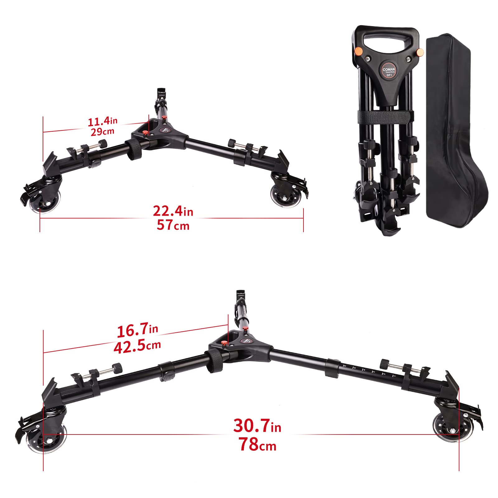 Photography Tripod Dolly, Heavy Duty With Larger 3-Inch Rubber Wheels, Adjustable Leg Mounts And Carry Bag, Compatible With Most