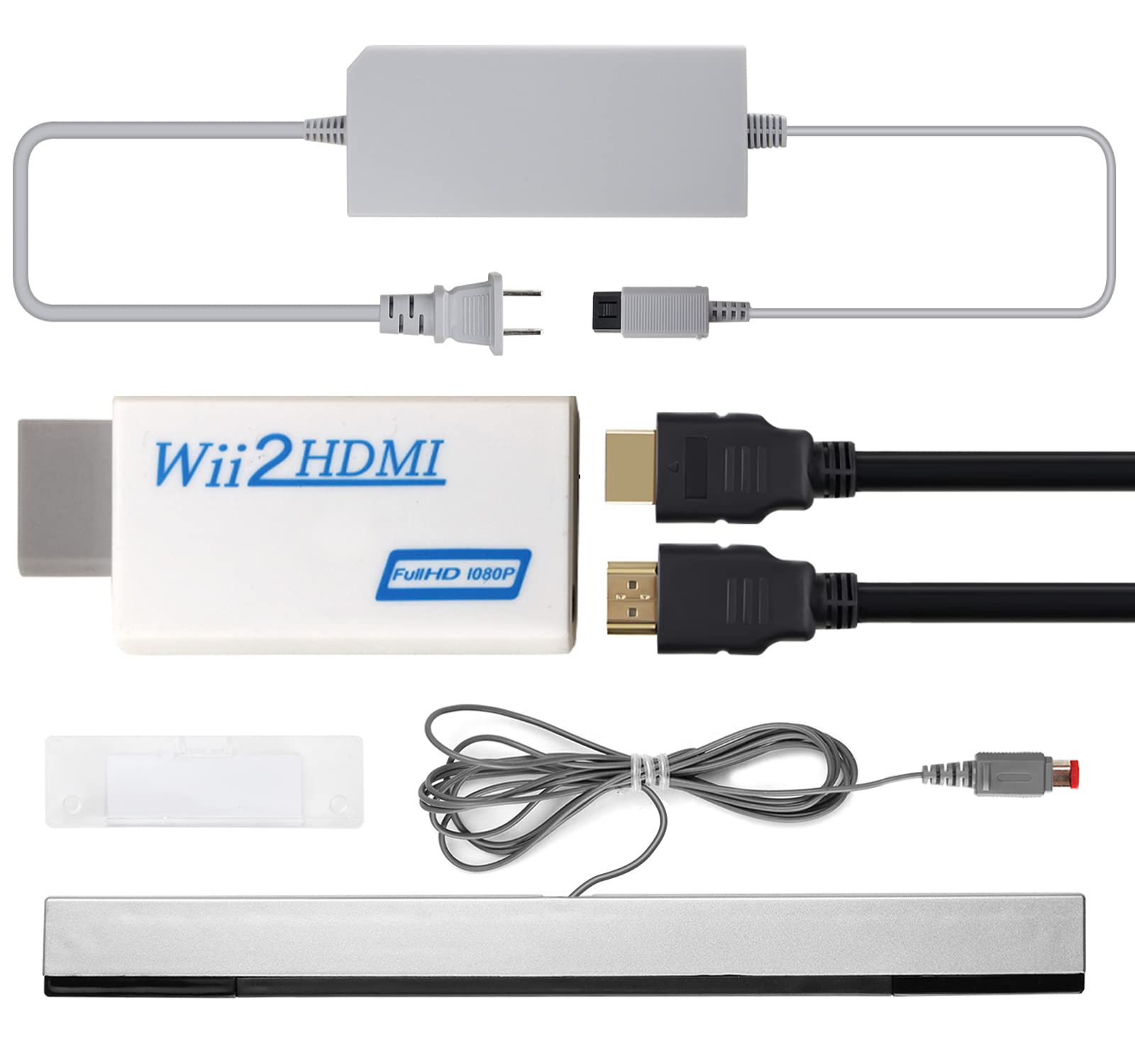 4 In 1 Wii To Hdmi Adapter + Wii Power Cord Ac Adapter + Wii Sensor Bar Wired Motion Sensor Bar + 5Ft High Speed Hdmi Cable Comp