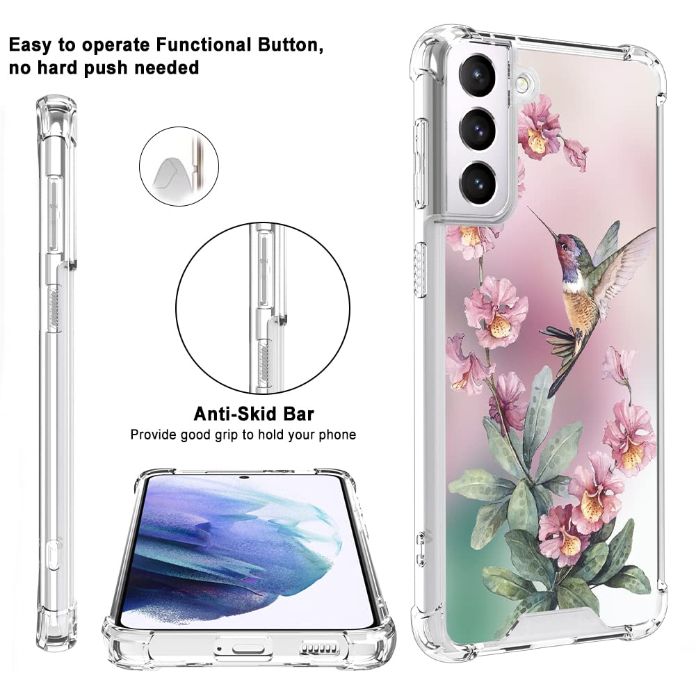 OOK Samsung Galaxy S21 Plus 5G Phone Case Flexible TPU Pink Hummingbird Shockproof Anti-Scratch Cover with Ring Kickstand