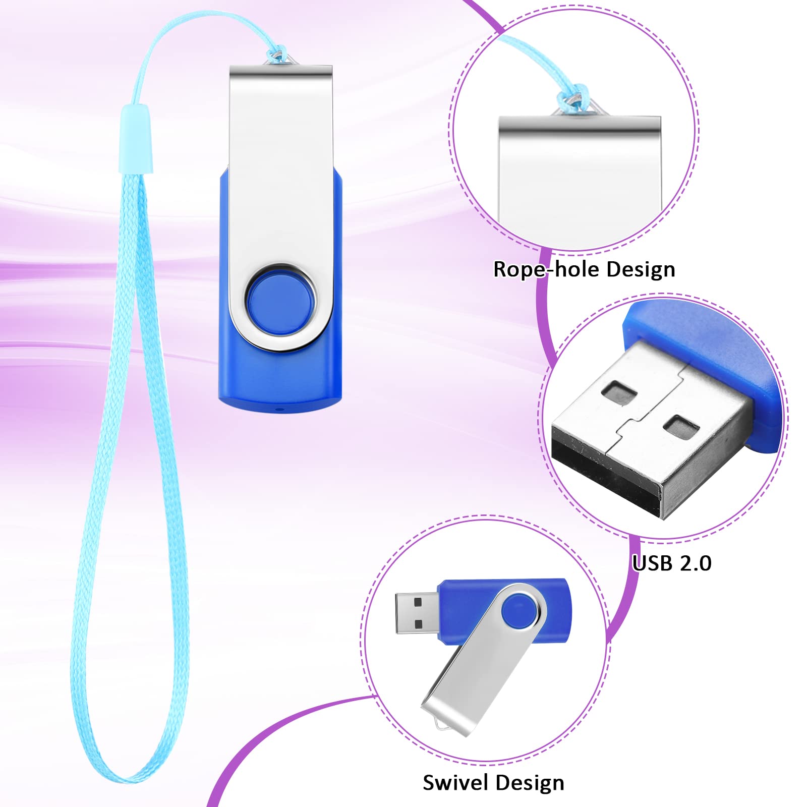 50 Pack Usb Flash Drives Bulk With Lanyards Usb 2.0 Thumb Drive Swivel Storage Flash Drive Pack Bulk With Led Light For Data Sto