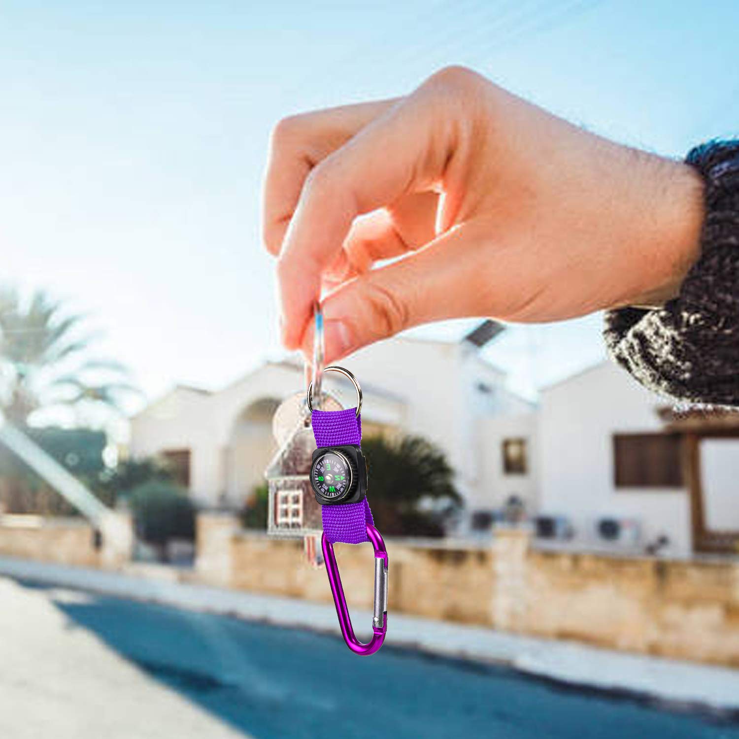 Proloso Colorful Carabiner Compass Keychain Belt Clips Kids Toys Prizes Outdoors Adventure Party Favors 20 Pcs
