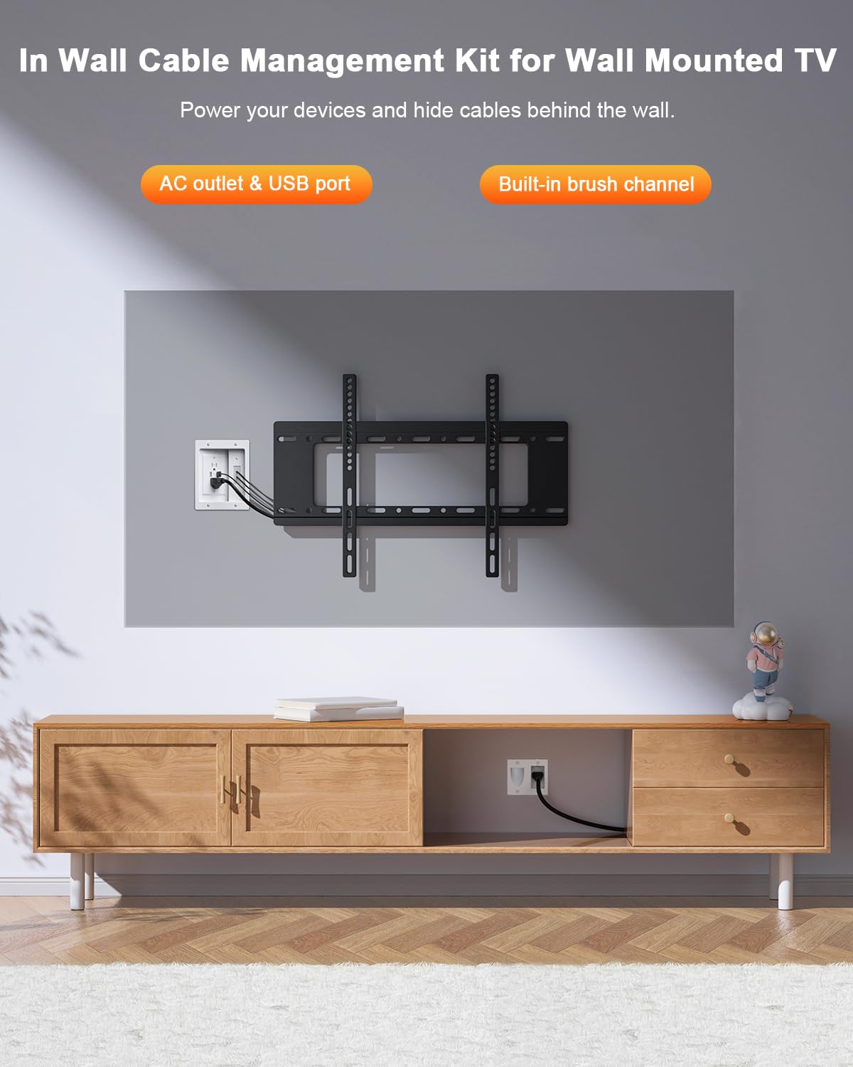 Elecpow Cord Hider Wall With Dual Ac Outlets & Dual Usb A Ports, In Wall Cable Management Kit For Wall Mounted Tv,Recessed Outle