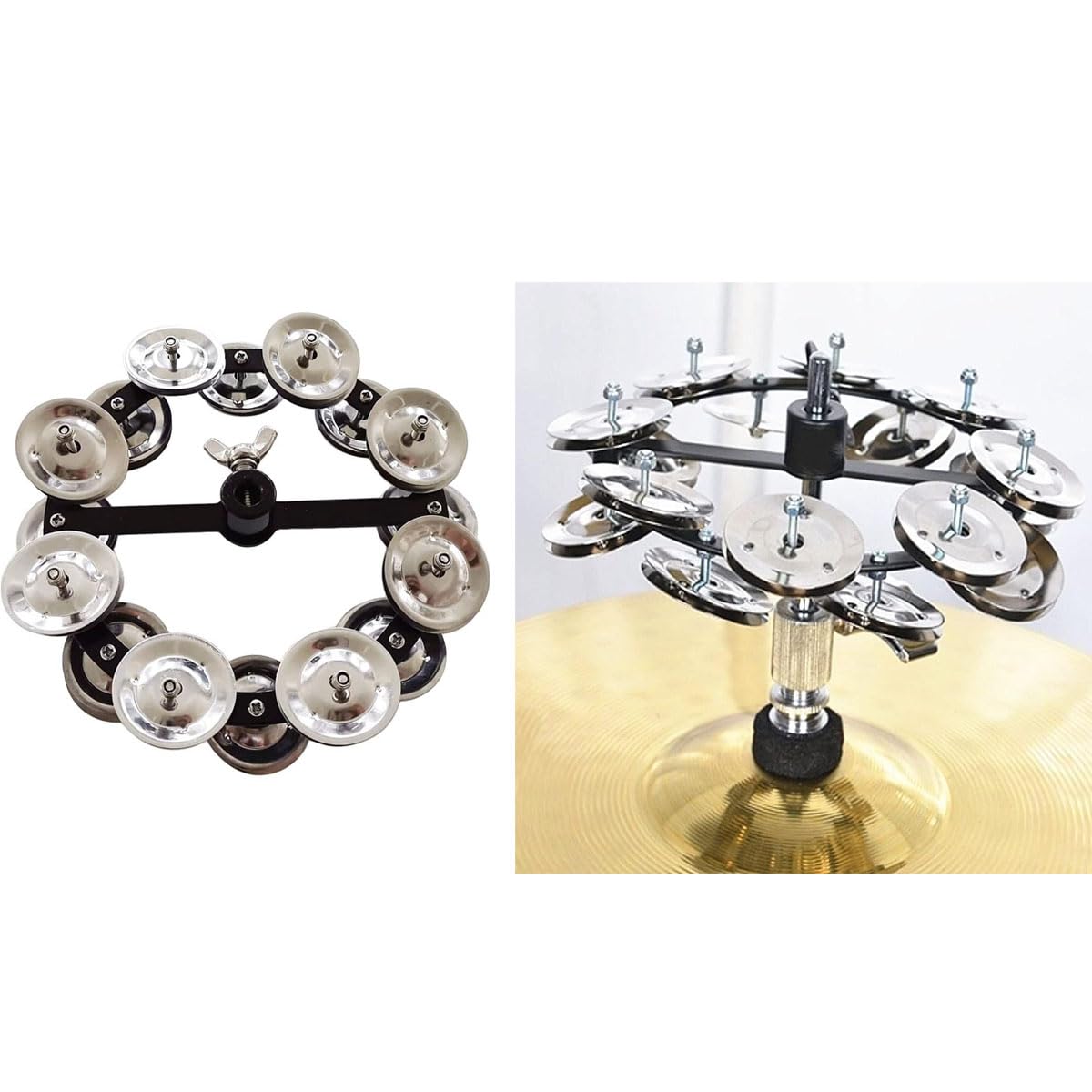Tuoren 5.5'' Mountable Symbal Hihat Tambourine With 8 Double Row Steel Jingles For Drum Set Silver