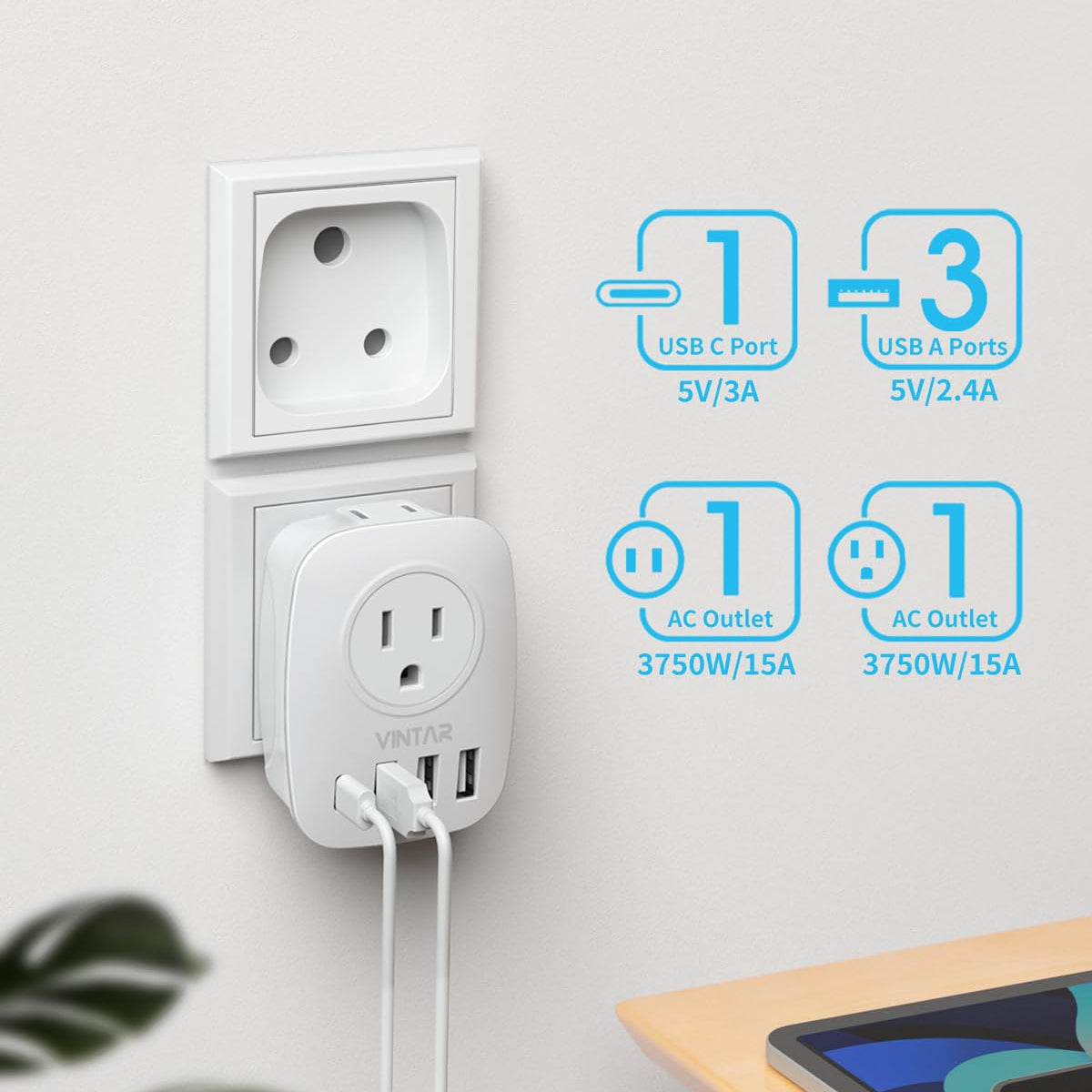 South Africa Power Adapter,Vintar Type M Plug Adapter With 1 Usb C,3 ...