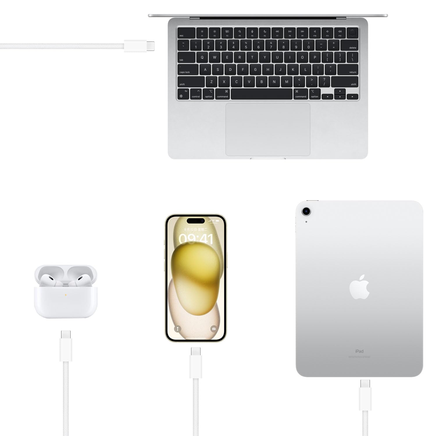 Abysssea AirPods Pro Charging Cable, USB C to USB C, White, for AirPods Pro 2nd Gen, iPhone 15/16/17 Series, Woven Design