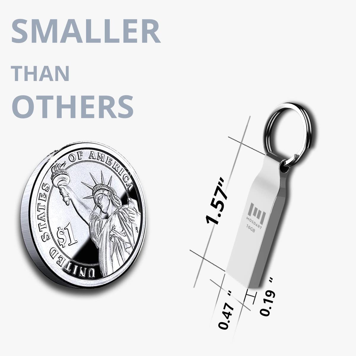 Mosdart Waterproof 16Gb Usb2.0 Flash Drive, Fat32 Metal Memory Stick With Keychain, For System Back, Data Storage, Silver