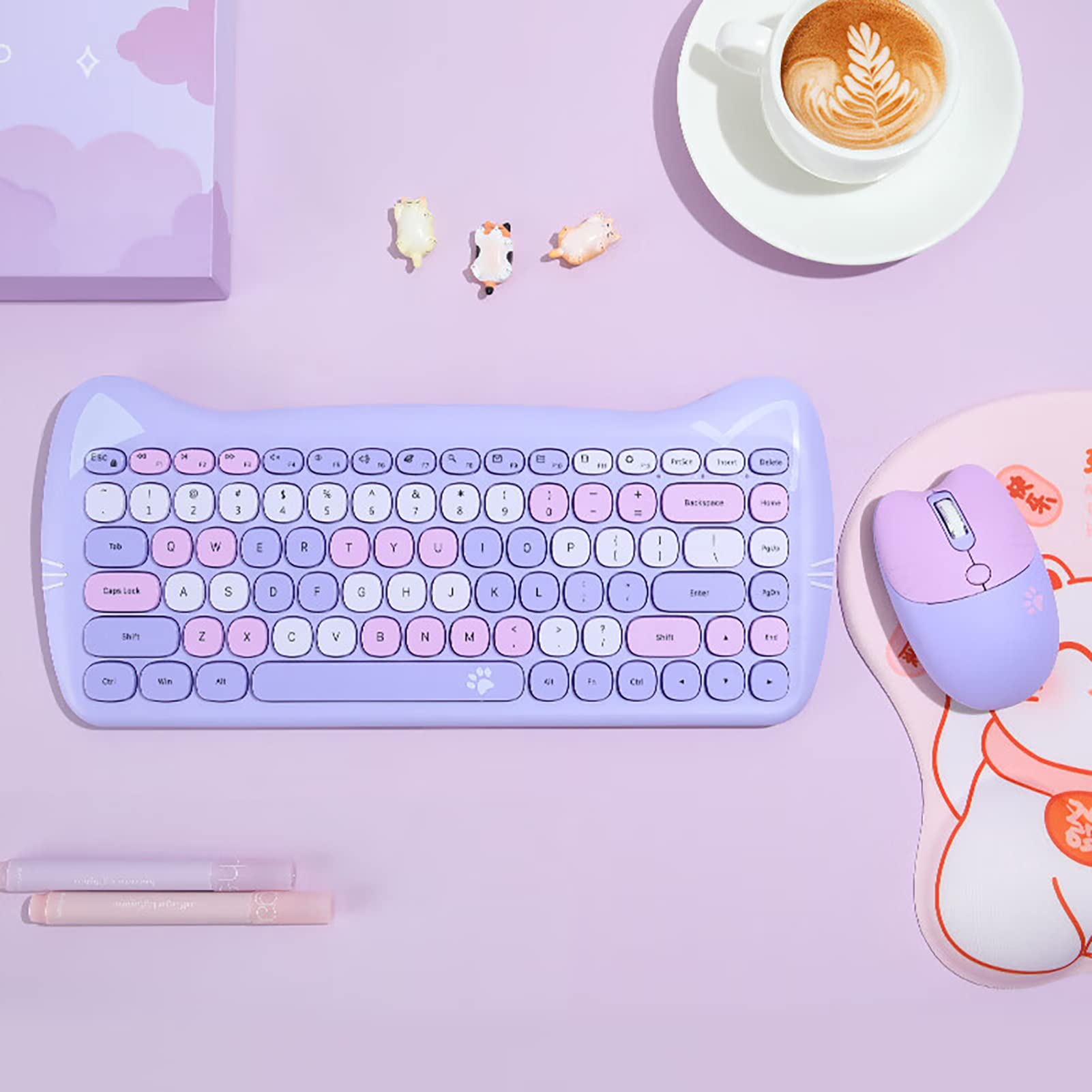 Cute Cat 2.4G Usb Wireless Keyboard And Mouse Combo, Silent Keys, Candy Colors, Compatible With Notebook, Pc (Purple 84Keys)