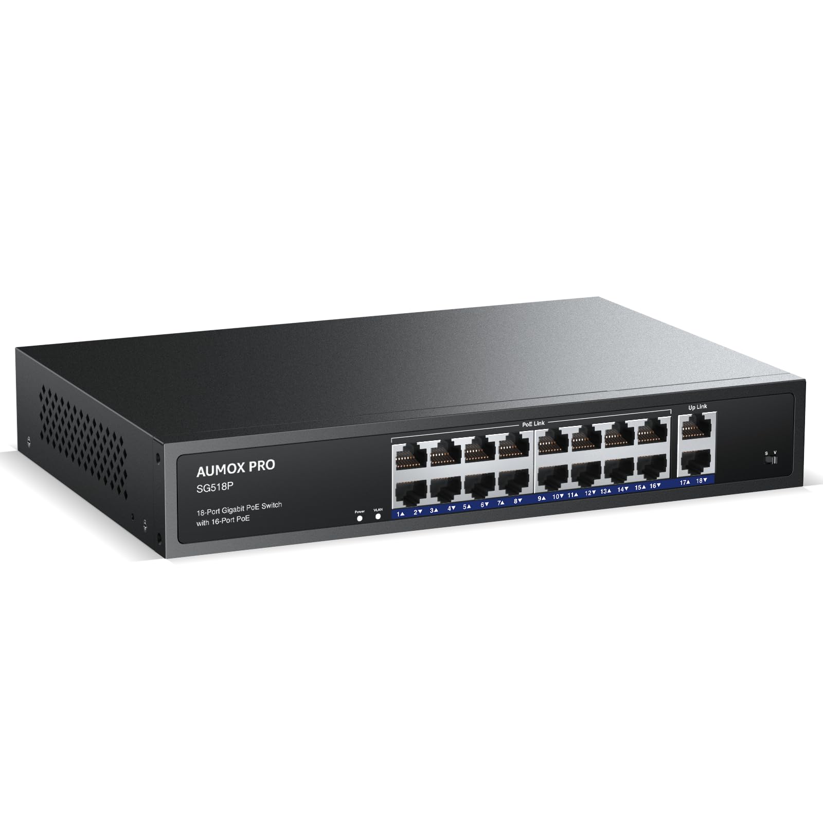 16 Port Gigabit Poe Switch,Aumox Pro Sg518P 18 Ethernet Unmanaged Poe With 2 Gigabit Uplink 250W,Plug And Play,Sturdy Metal Desk