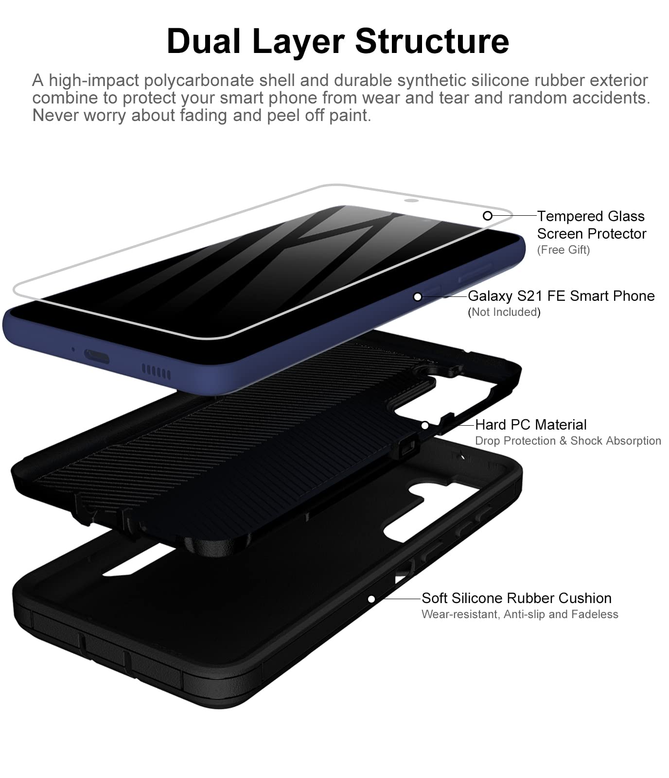 Dahkoiz For Samsung Galaxy S21 Fe 5G Case, And Glass Screen Protector, Dust Proof Port Cover, Full Body Protection Durable Rubbe