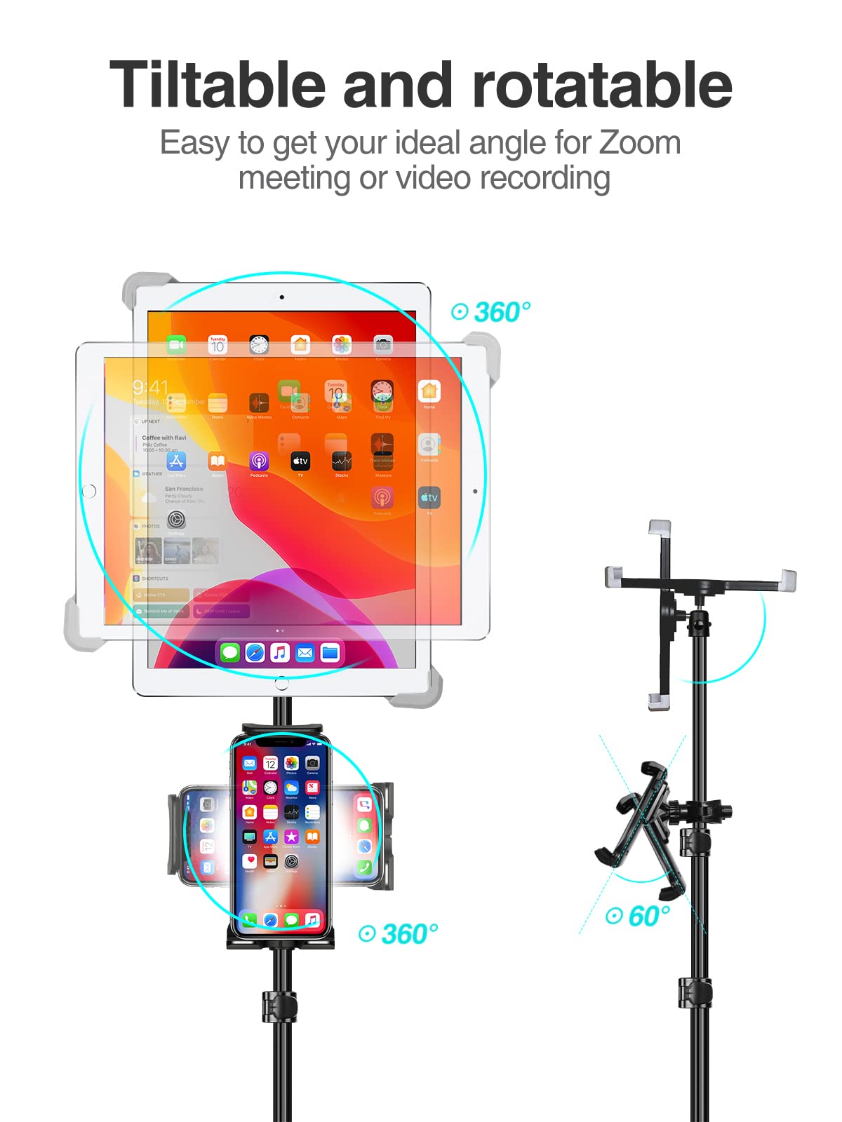 Elitehood Ipad Tripod Stand, 65 Inch Height Adjustable Ipad Stand Holder & Ipad Floor Stand With 360 Rotating Ipad Tripod Mount